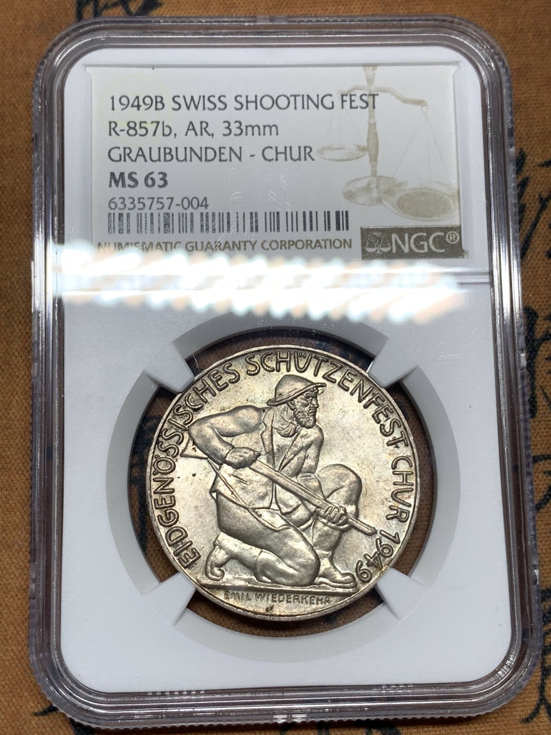 《竞宝斋》第113场-周日，周一 ，2场连拍（全场包邮） NGC MS63，瑞士1949年劳宾登射击节银章，总共不到500枚