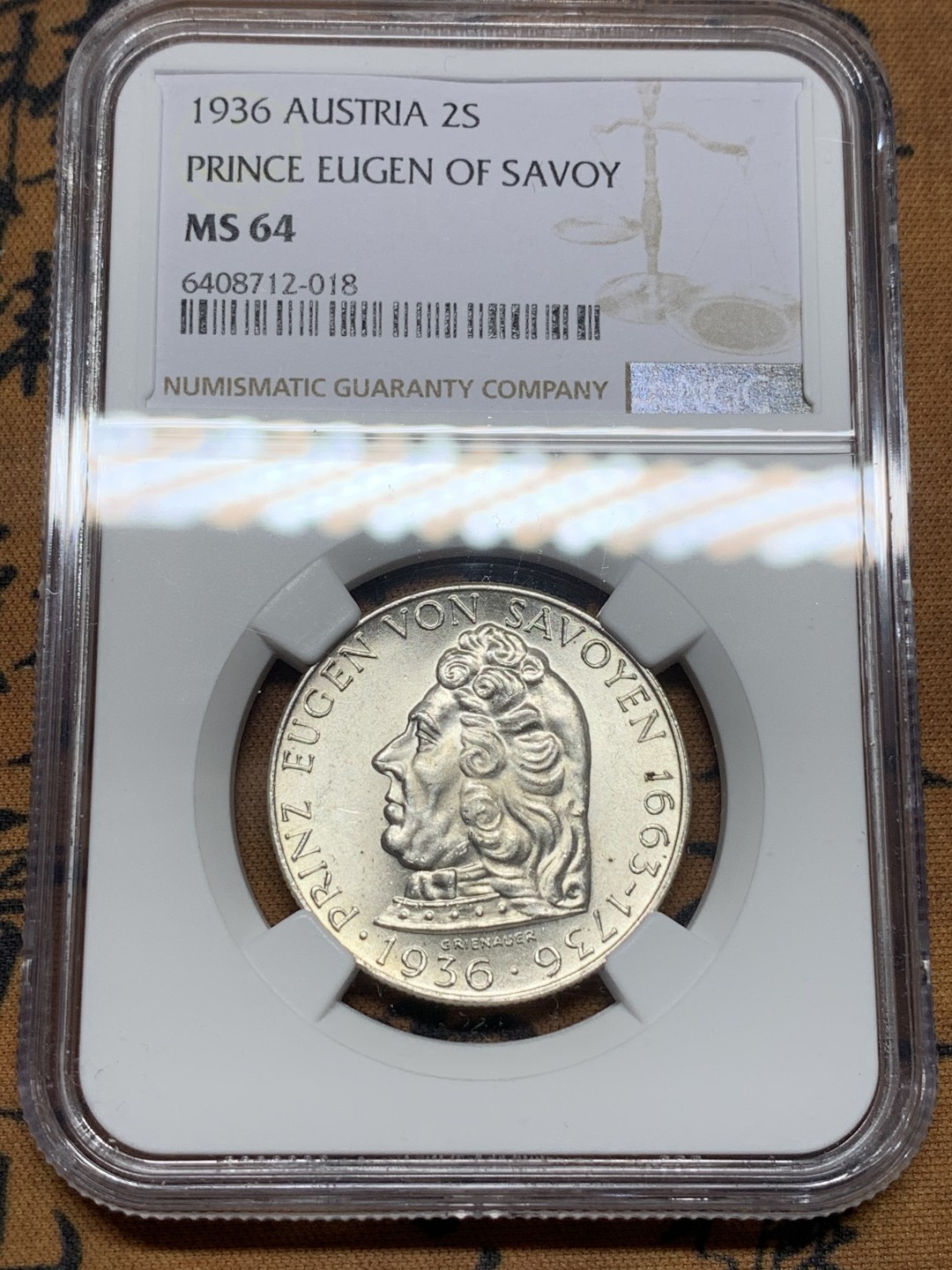 《竞宝斋》第113场-周日，周一 ，2场连拍（全场包邮） NGC-MS64 奥地利1936年 欧根亲王 2先令银币 顶级品相