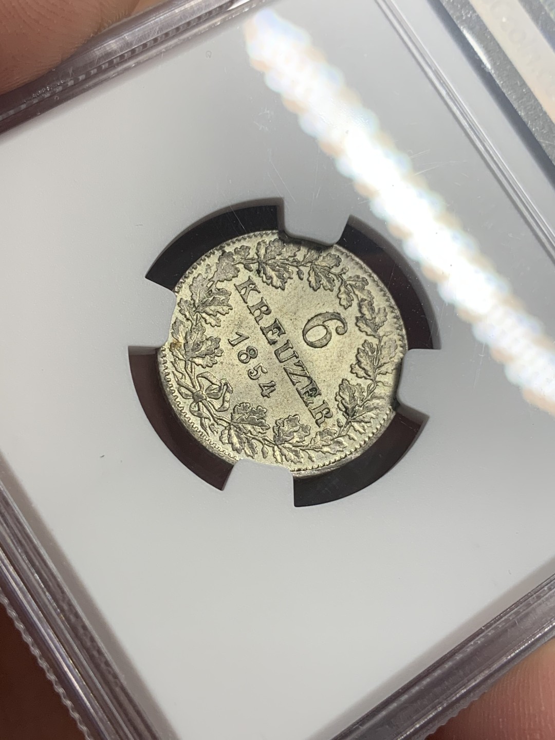 《竞宝斋》第113场-周日，周一 ，2场连拍（全场包邮） NGC MS62，德国法兰克福1854年6克鲁兹，著名的景观银币