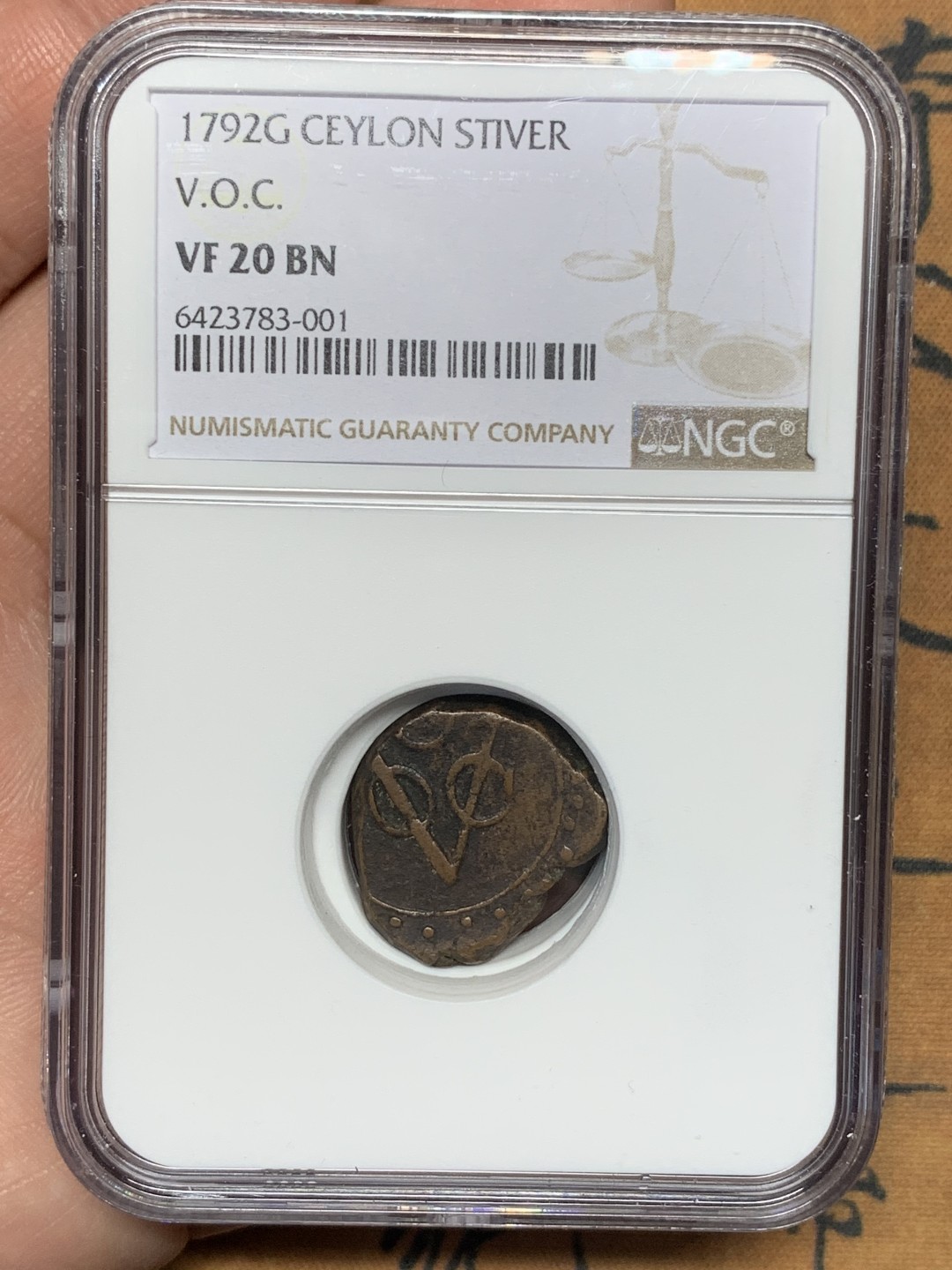 《竞宝斋》第113场-周日，周一 ，2场连拍（全场包邮） 唯一冠军分 NGC-VF20 锡兰1792年 1S铜板 荷属殖民地的铜币 非常稀少普遍都是环境污染 能出分就属于万里挑一了