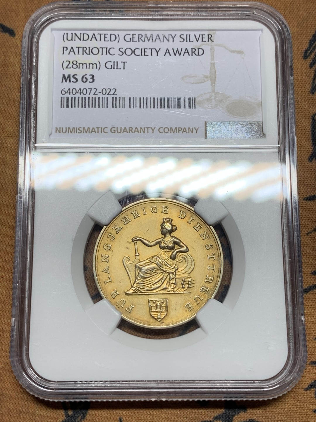 《竞宝斋》第113场-周日，周一 ，2场连拍（全场包邮） NGC MS63 德国 19世纪汉堡爱国者协会镀金 银章