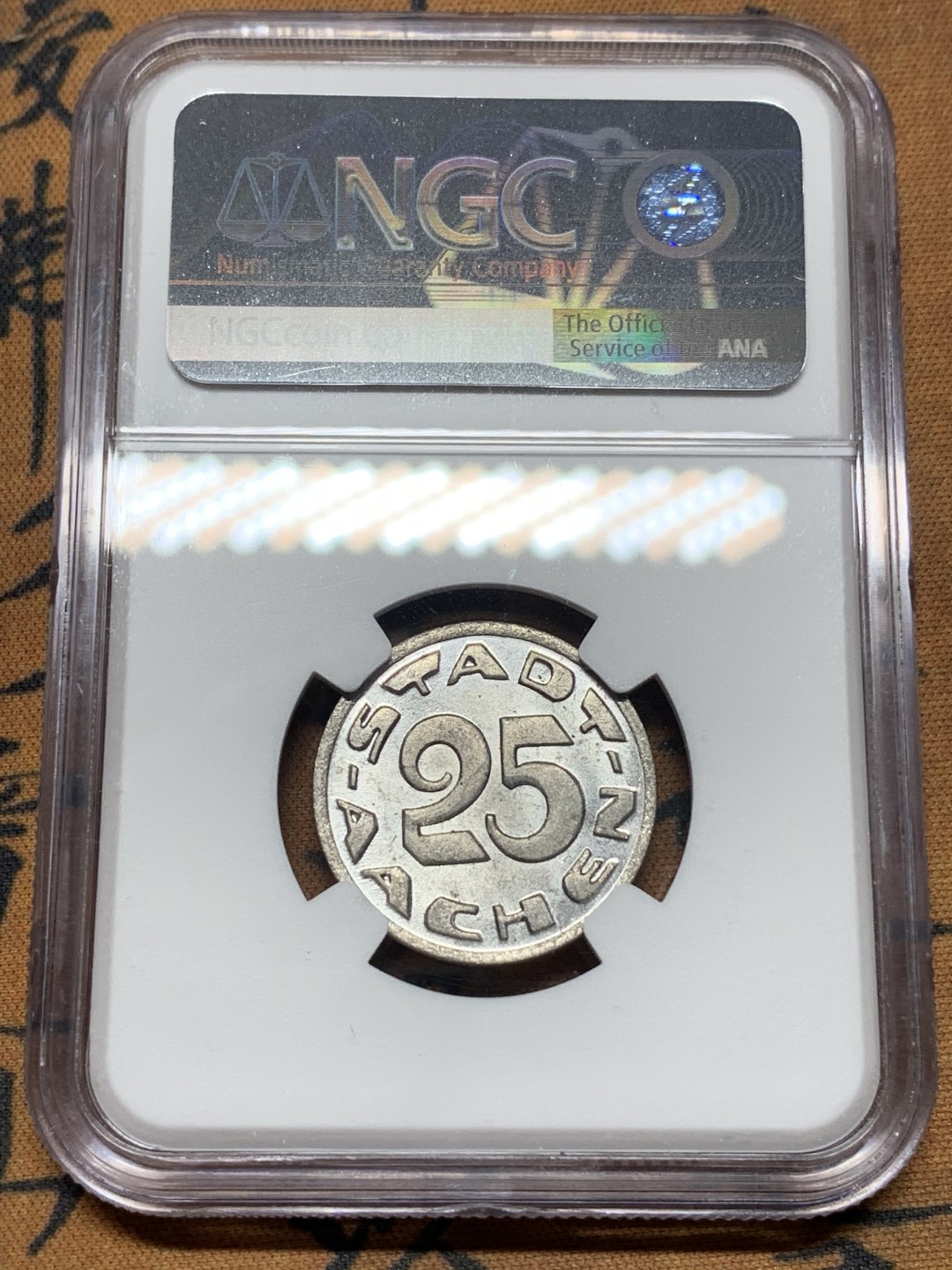 《竞宝斋》第113场-周日，周一 ，2场连拍（全场包邮） NGC-MS65 德紧 德国亚琛1920年狼25芬尼铁币 原光亚军分！