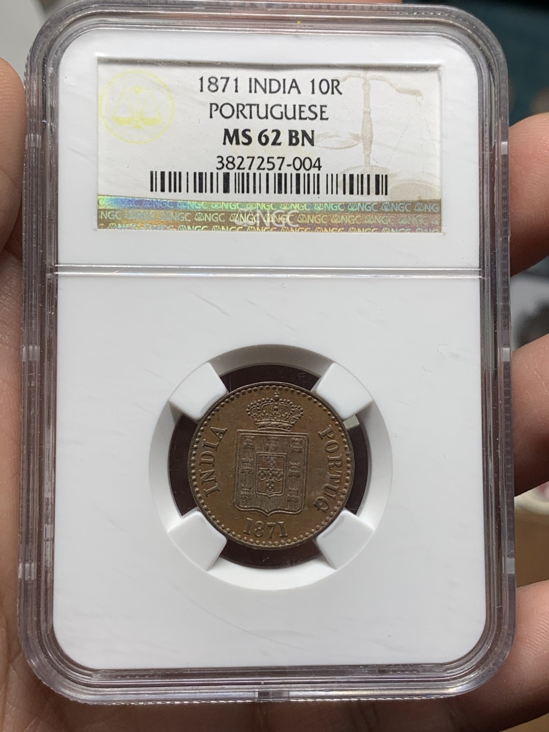 《竞宝斋》第113场-周日，周一 ，2场连拍（全场包邮） NGC MS62  葡属印度 1871年 10R 铜币 少见品种，MS更为难得