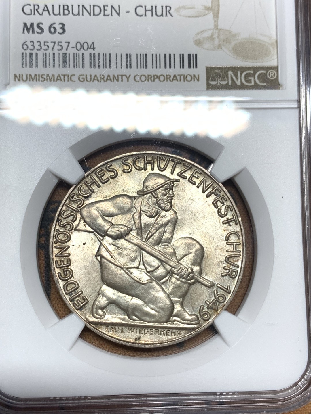 《竞宝斋》第113场-周日，周一 ，2场连拍（全场包邮） NGC MS63，瑞士1949年劳宾登射击节银章，总共不到500枚