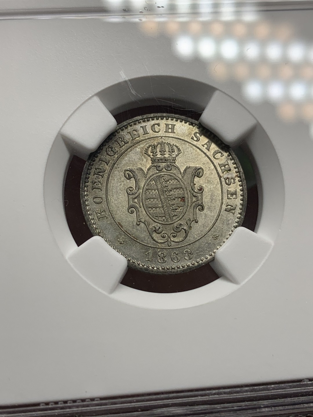 《竞宝斋》第113场-周日，周一 ，2场连拍（全场包邮） NGC MS62，德国萨克斯1863年2新格罗申 银币 ，相当于20芬尼，底板干净，图案清晰