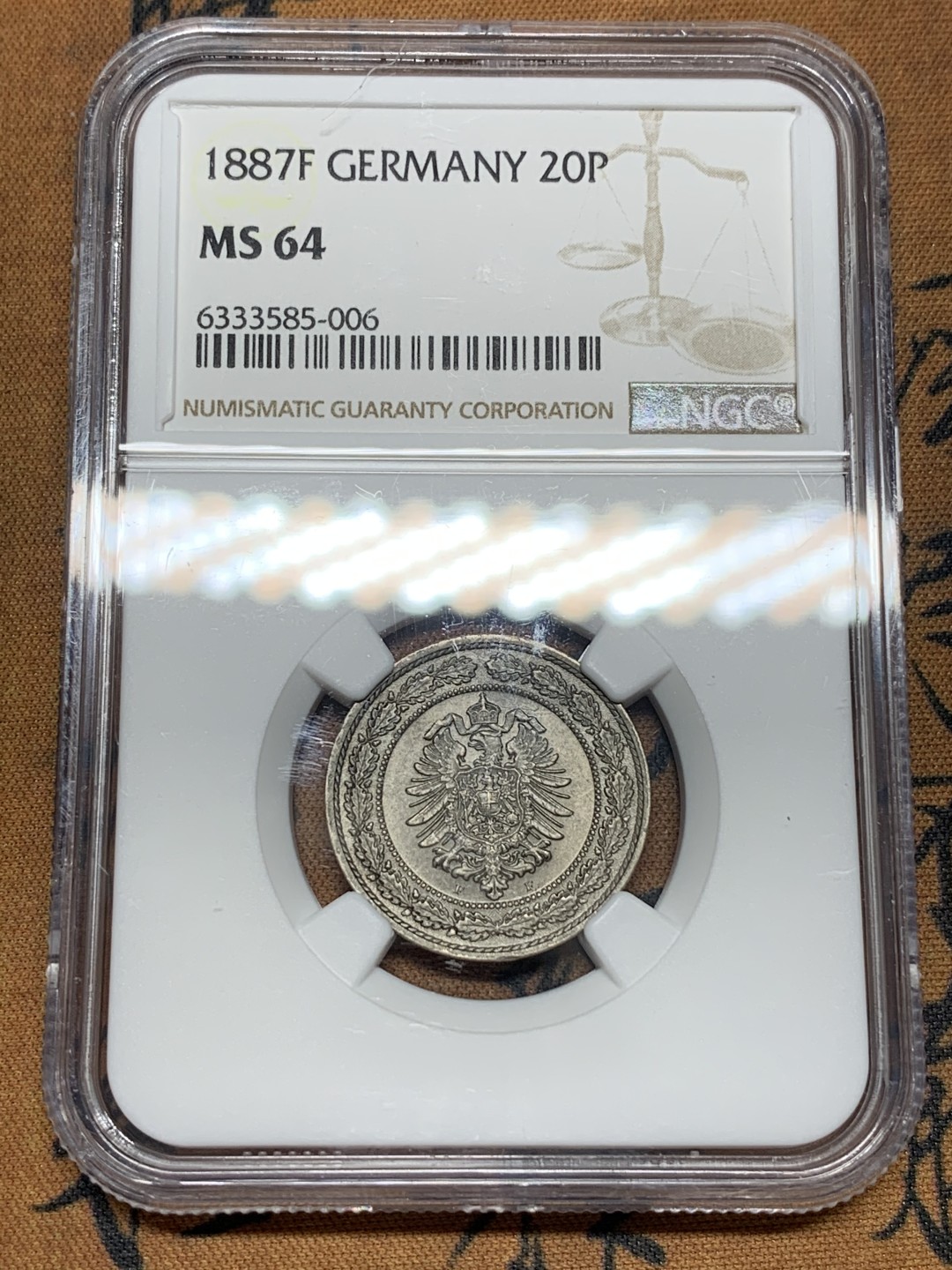 《竞宝斋》第113场-周日，周一 ，2场连拍（全场包邮） NGC MS64，德国1887年20芬尼，短翅花边，最漂亮的小辅币之一