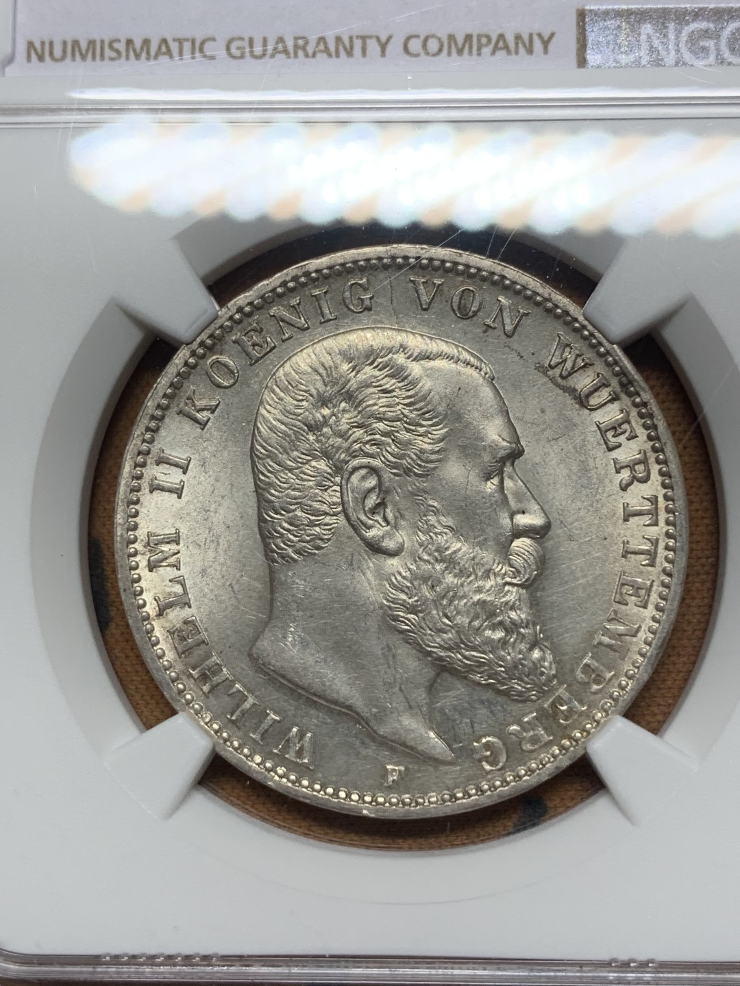 《竞宝斋》第113场-周日，周一 ，2场连拍（全场包邮） NGC-MS62 德国符腾堡 1912年 威廉二世 3马克银币 原光好品