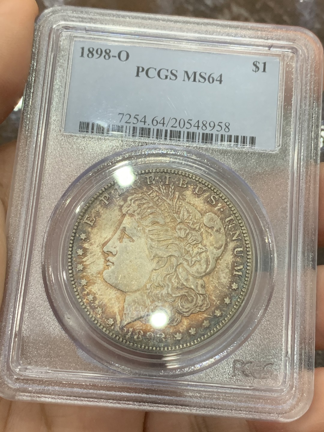 《竞宝斋》第113场-周日，周一 ，2场连拍（全场包邮） PCGS MS64 美国 1898年O版 摩根银元 深五彩包浆 很是漂亮