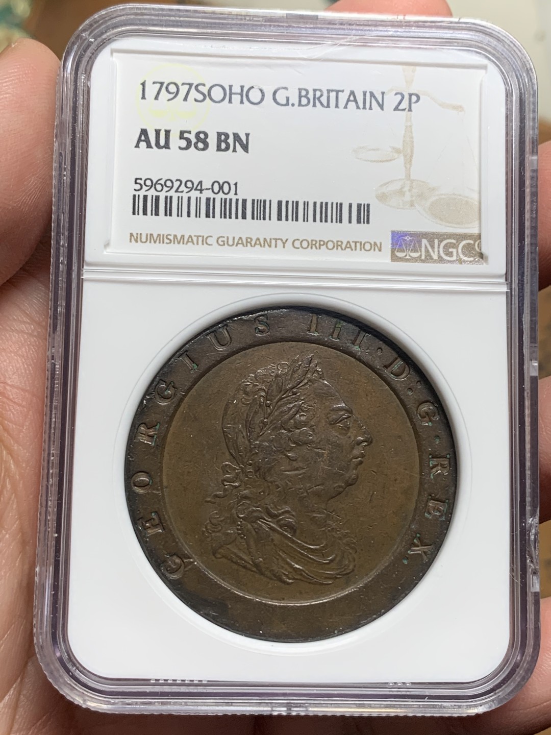 《竞宝斋》第113场-周日，周一 ，2场连拍（全场包邮） NGC-AU58 英国1797年车轮2便士Soho mint经典品种加厚盒子手感很好 盒子边有小磕