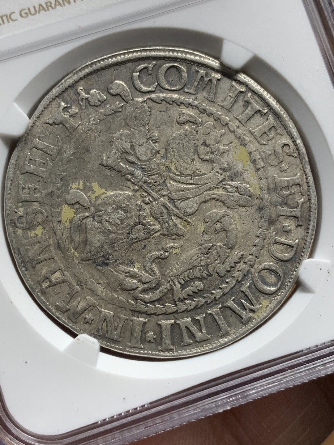 《竞宝斋》第113场-周日，周一 ，2场连拍（全场包邮） 唯一冠军分 NGC XF45  德意志 1561-1564年 曼斯菲尔德屠龙1泰勒，屠龙泰勒系列的鼻祖，近500年的手工打制币