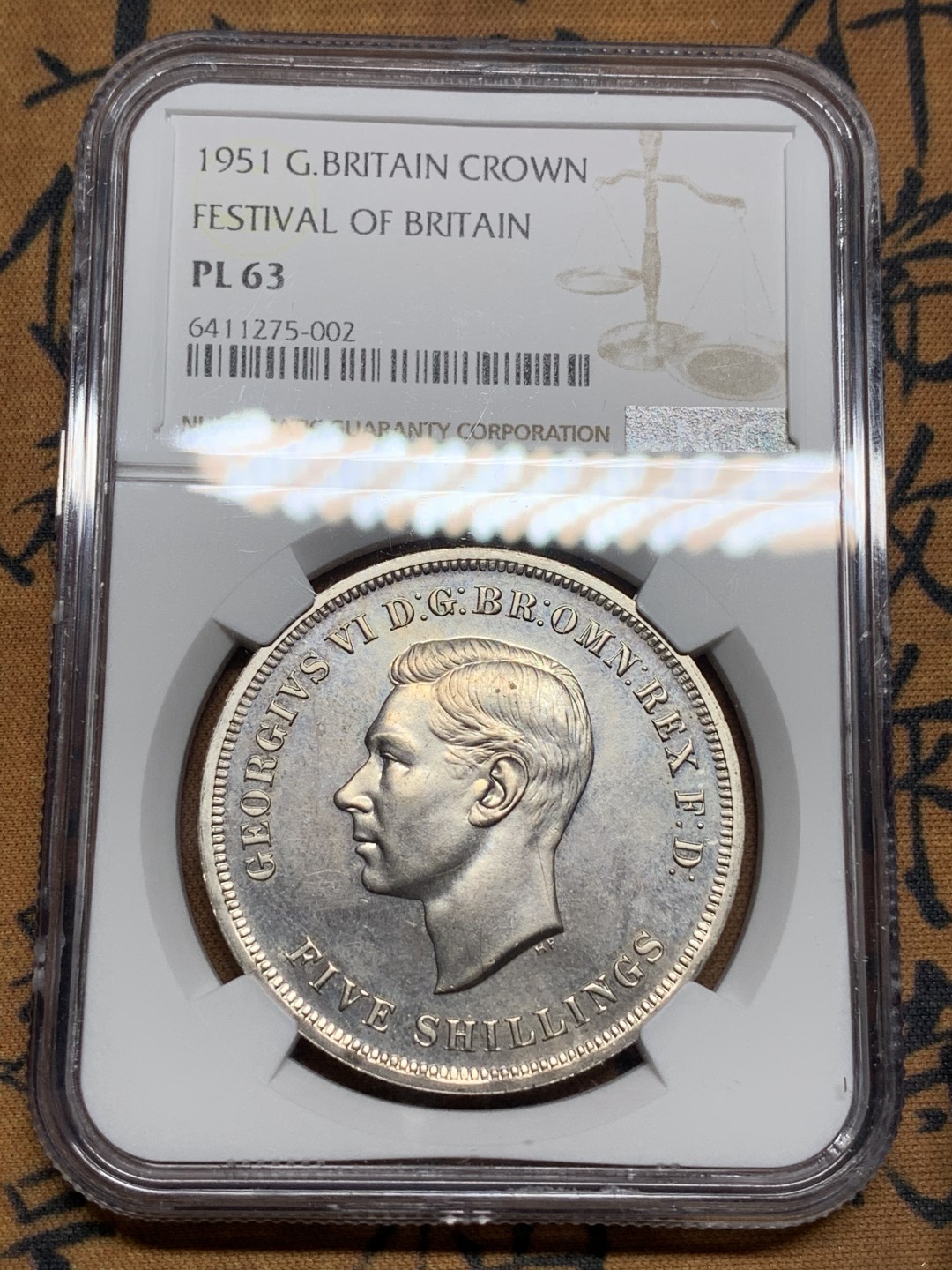《竞宝斋》第113场-周日，周一 ，2场连拍（全场包邮） NGC-PL63 英国 1951年 1克朗 乔六镍马剑类精制币 ，带绿色原盒与证书
