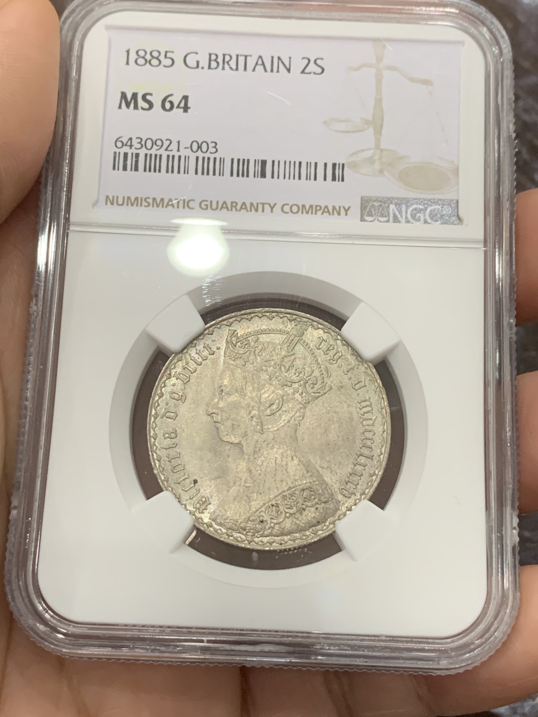 《竞宝斋》第113场-周日，周一 ，2场连拍（全场包邮） NGC-MS64 英国1885年 哥特 福林银币 光度佳 高分可藏