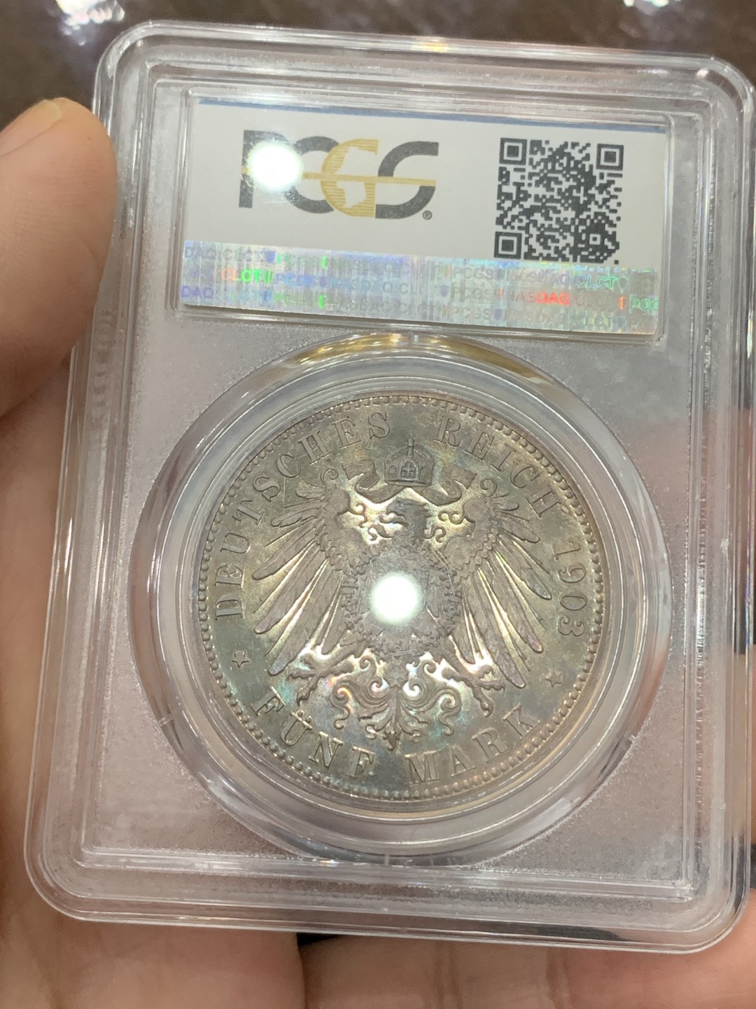 《竞宝斋》第113场-周日，周一 ，2场连拍（全场包邮） PCGS-PR64CAM,德国1903年萨克森阿尔登堡，50周年登基纪念精制5马克银币，发行量少，很亮的小镜子，反面轻度五彩