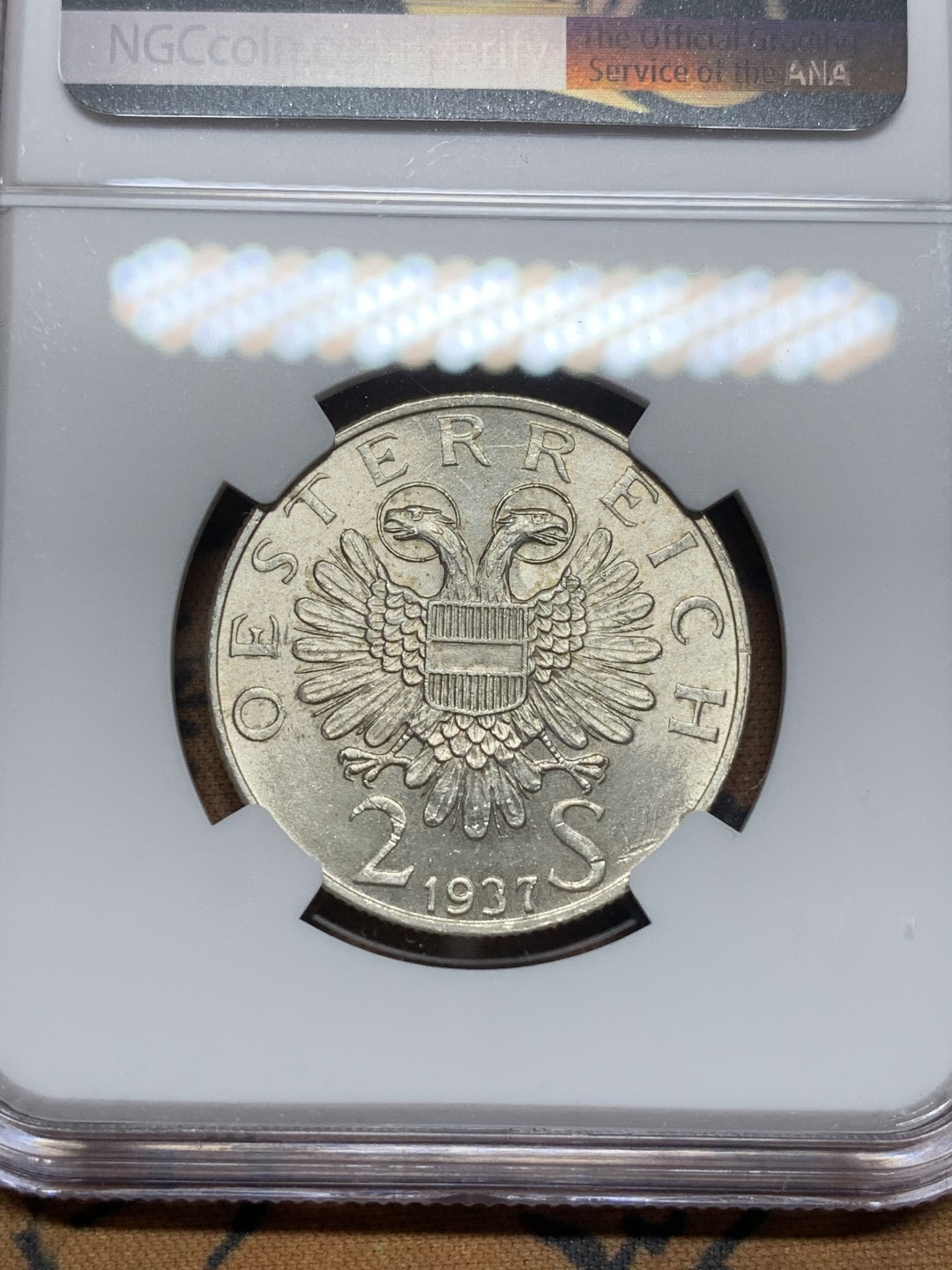 《竞宝斋》第113场-周日，周一 ，2场连拍（全场包邮） NGC-MS63 奥地利1937年 圣夏勒堂 早期2先令银币 原光好品