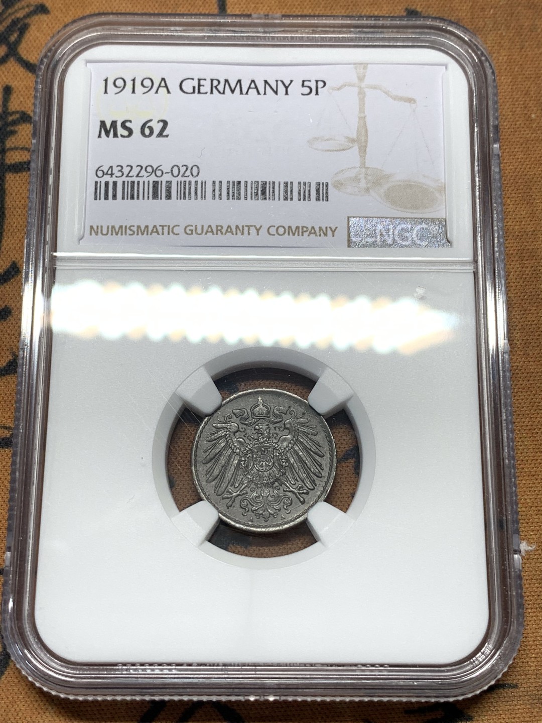 《竞宝斋》第113场-周日，周一 ，2场连拍（全场包邮） NGC-MS62冠军分 德国德意志第二帝国1919年5芬尼铁币 配套必备 铁币好品少