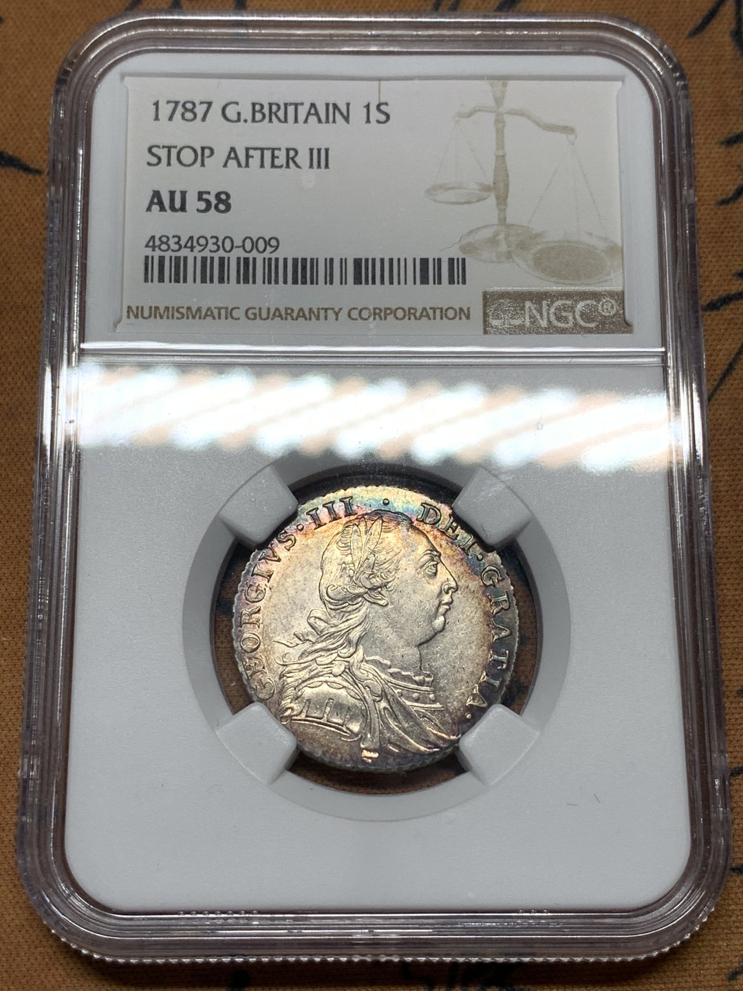《竞宝斋》第113场-周日，周一 ，2场连拍（全场包邮） NGC AU58 英国乔三 1787 一先令 无心版 稀少品种