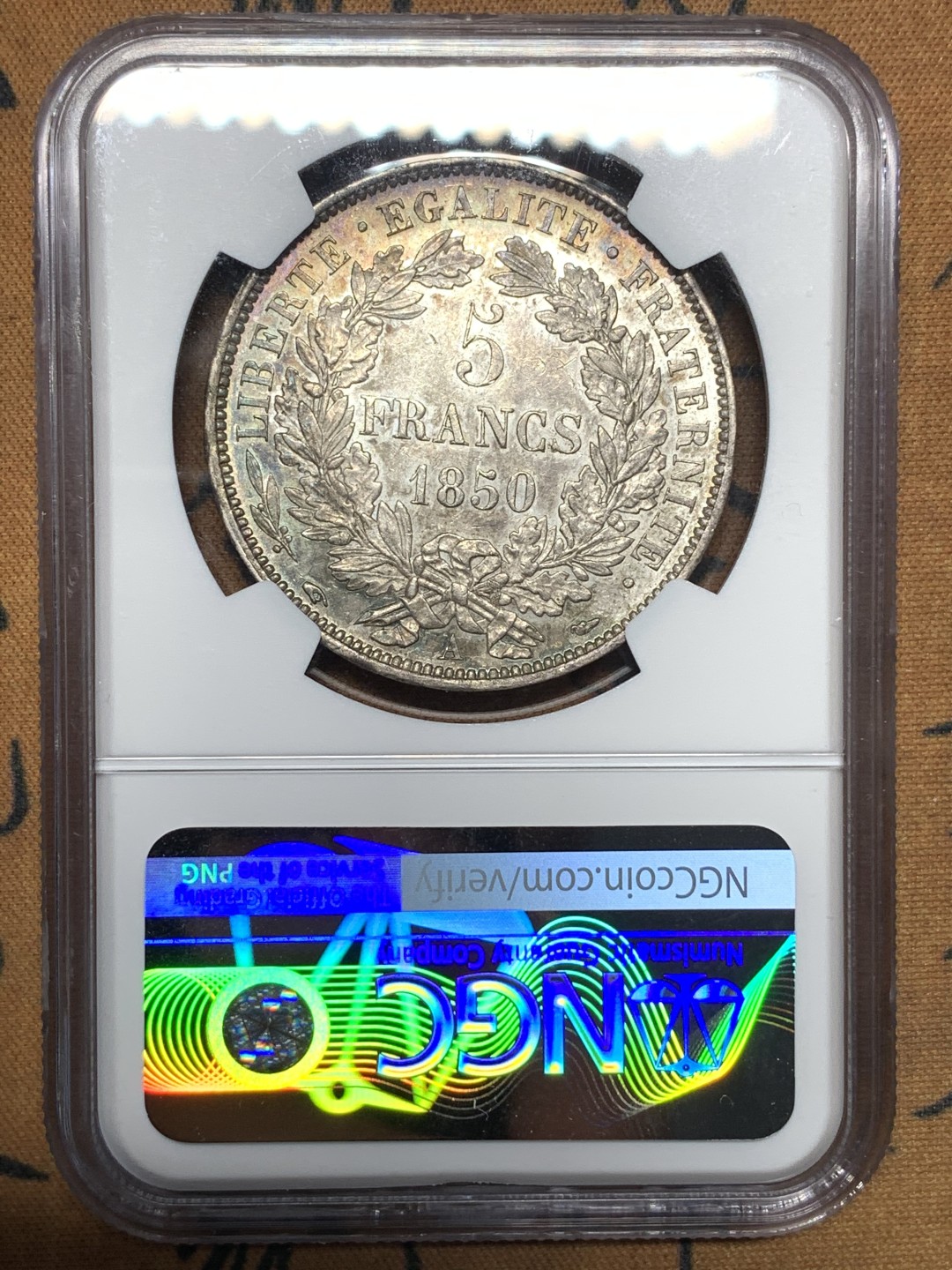 《竞宝斋》第113场-周日，周一 ，2场连拍（全场包邮） NGC AU55 法国 1850年 谷物女神 5法郎 银币 金绿色包浆 状态好