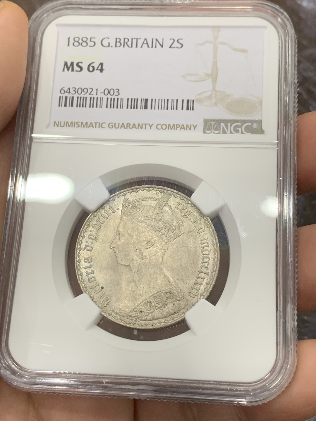 《竞宝斋》第113场-周日，周一 ，2场连拍（全场包邮） NGC-MS64 英国1885年 哥特 福林银币 光度佳 高分可藏