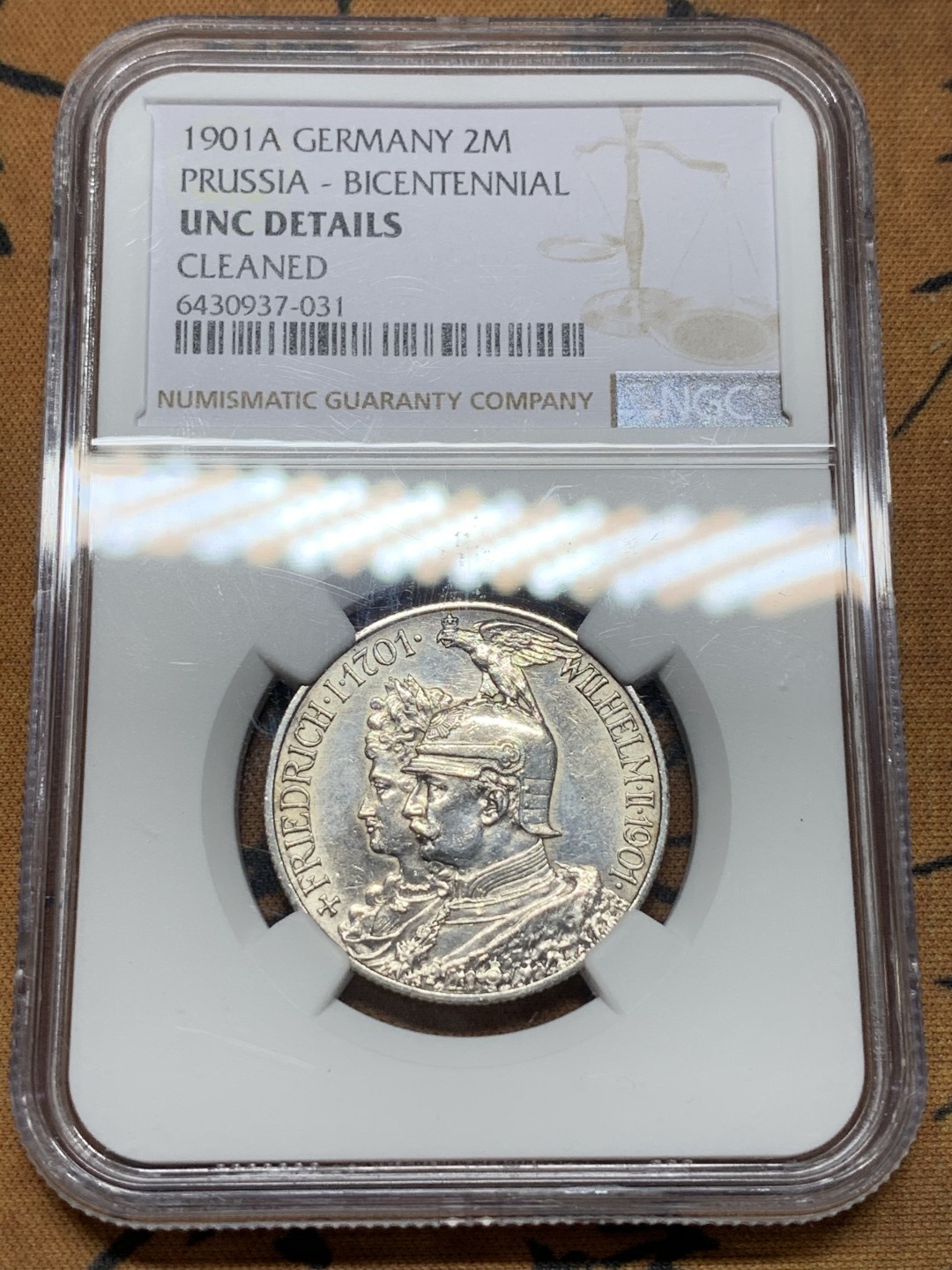 《竞宝斋》第113场-周日，周一 ，2场连拍（全场包邮） NGC UNC 1901年德国普鲁士2马克银币