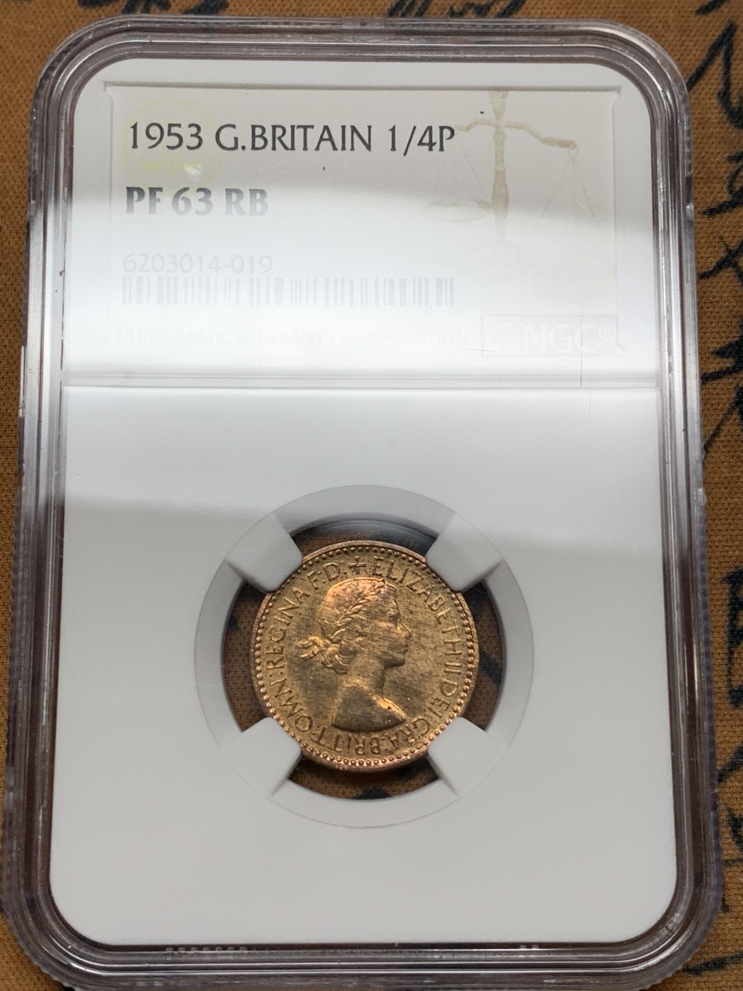 《竞宝斋》第113场-周日，周一 ，2场连拍（全场包邮） NGC-PF63RB 英国1953年伊丽莎白二世1/4便士精制铜币