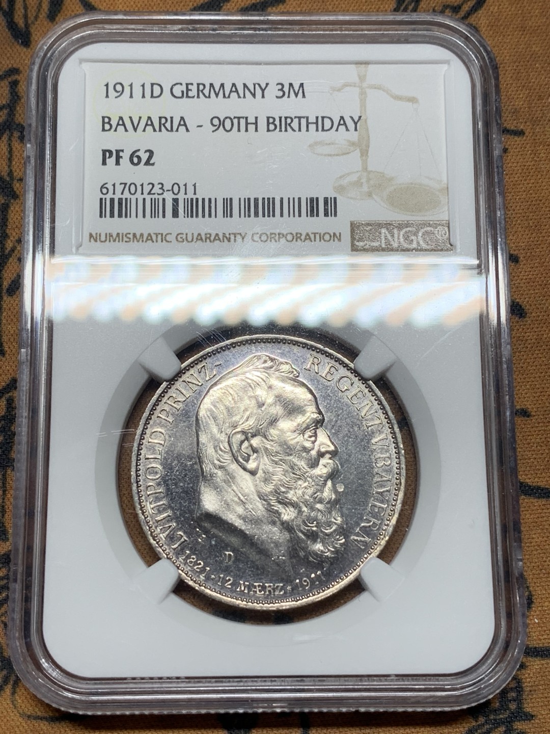 《竞宝斋》第113场-周日，周一 ，2场连拍（全场包邮） NGC PF62 德国巴伐利亚1911年利奥波德90诞辰纪念精制3马克银币