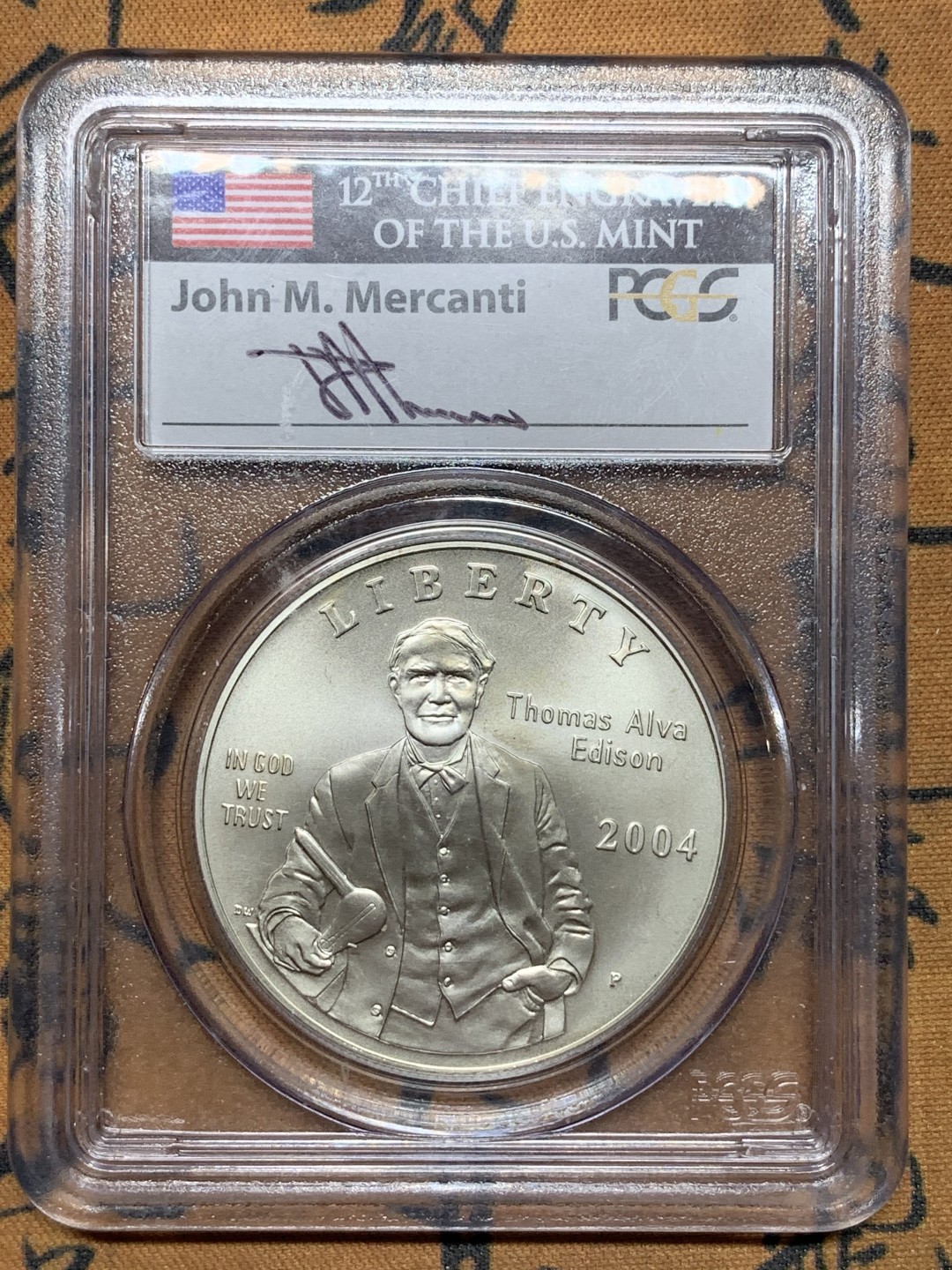 《竞宝斋》第113场-周日，周一 ，2场连拍（全场包邮） PCGS MS69 美国 2004年 爱迪生 发明灯泡 125周年纪念 大银币 特殊标签 比较有新意