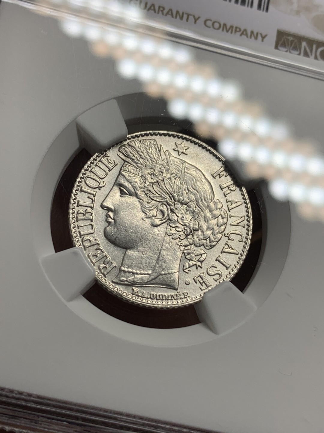 《竞宝斋》第113场-周日，周一 ，2场连拍（全场包邮） NGC-MS62 法国1888年 谷物女神1法郎银币 原光好品 发财年份