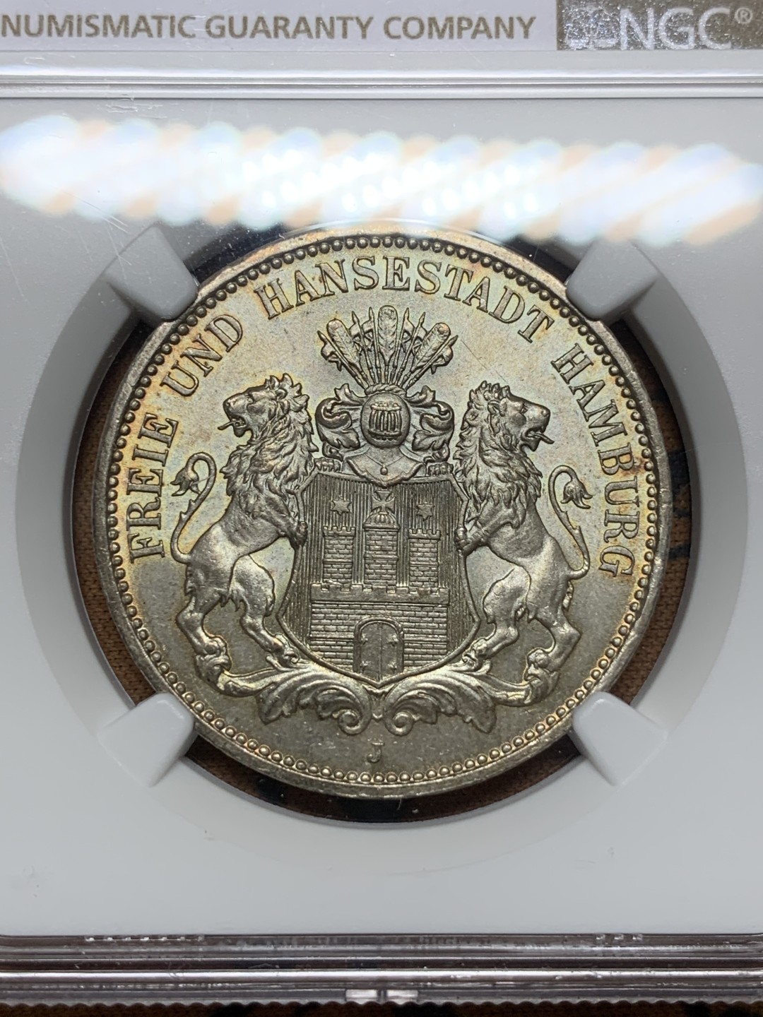 《竞宝斋》第113场-周日，周一 ，2场连拍（全场包邮） NGC-MS65 德国汉堡 1911年双狮盾牌 3马克银币 顶级高分 顶呱呱的状态