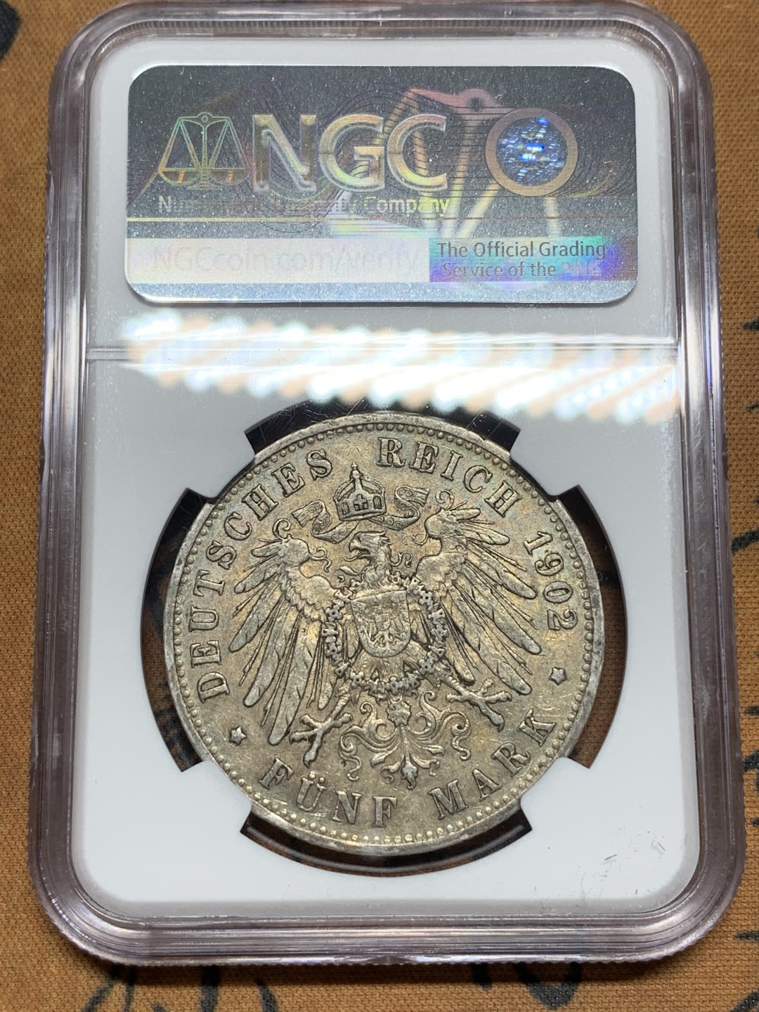 《竞宝斋》第113场-周日，周一 ，2场连拍（全场包邮） NGC-AU50 德国普鲁士 1902年 威廉二世 5马克大银币 原味好品 出分难