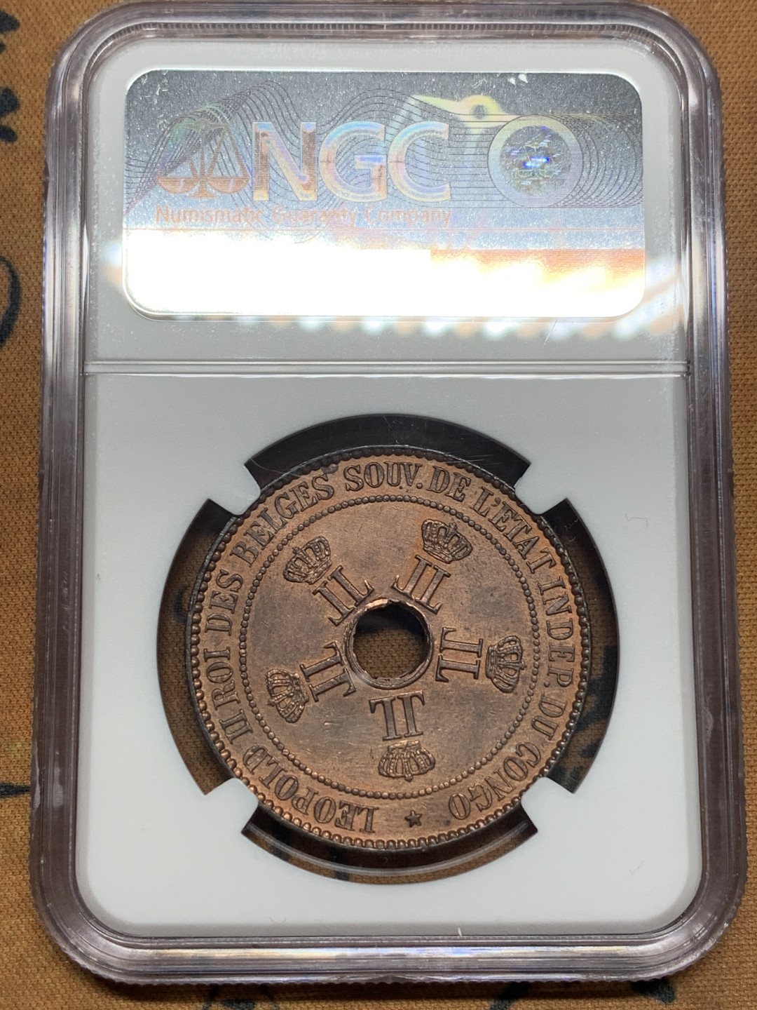 《竞宝斋》第113场-周日，周一 ，2场连拍（全场包邮） NGC-UNC 比属刚果 1887年 10分大铜板 五星图案非常漂亮 看不出洗 也被枪毙了 