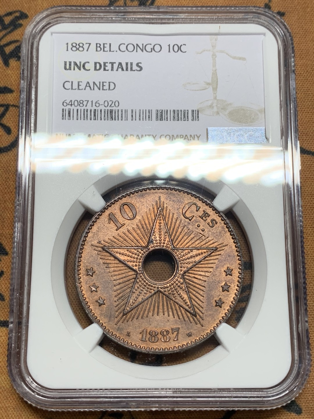 《竞宝斋》第113场-周日，周一 ，2场连拍（全场包邮） NGC-UNC 比属刚果 1887年 10分大铜板 五星图案非常漂亮 看不出洗 也被枪毙了 