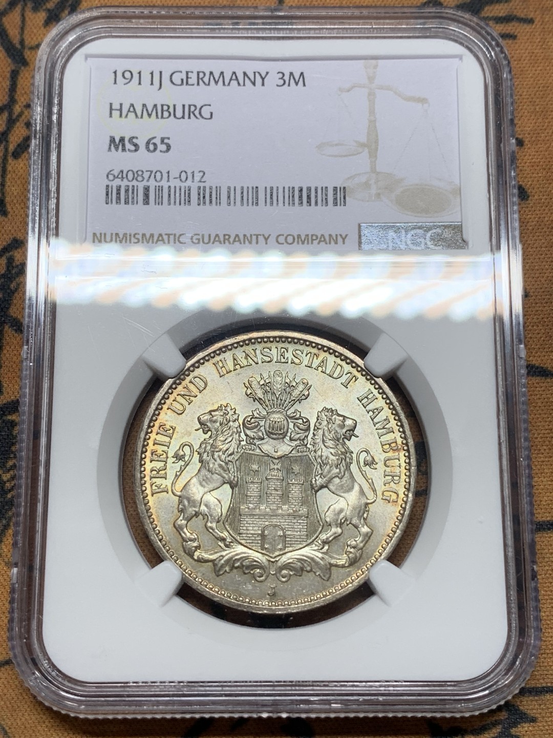 《竞宝斋》第113场-周日，周一 ，2场连拍（全场包邮） NGC-MS65 德国汉堡 1911年双狮盾牌 3马克银币 顶级高分 顶呱呱的状态