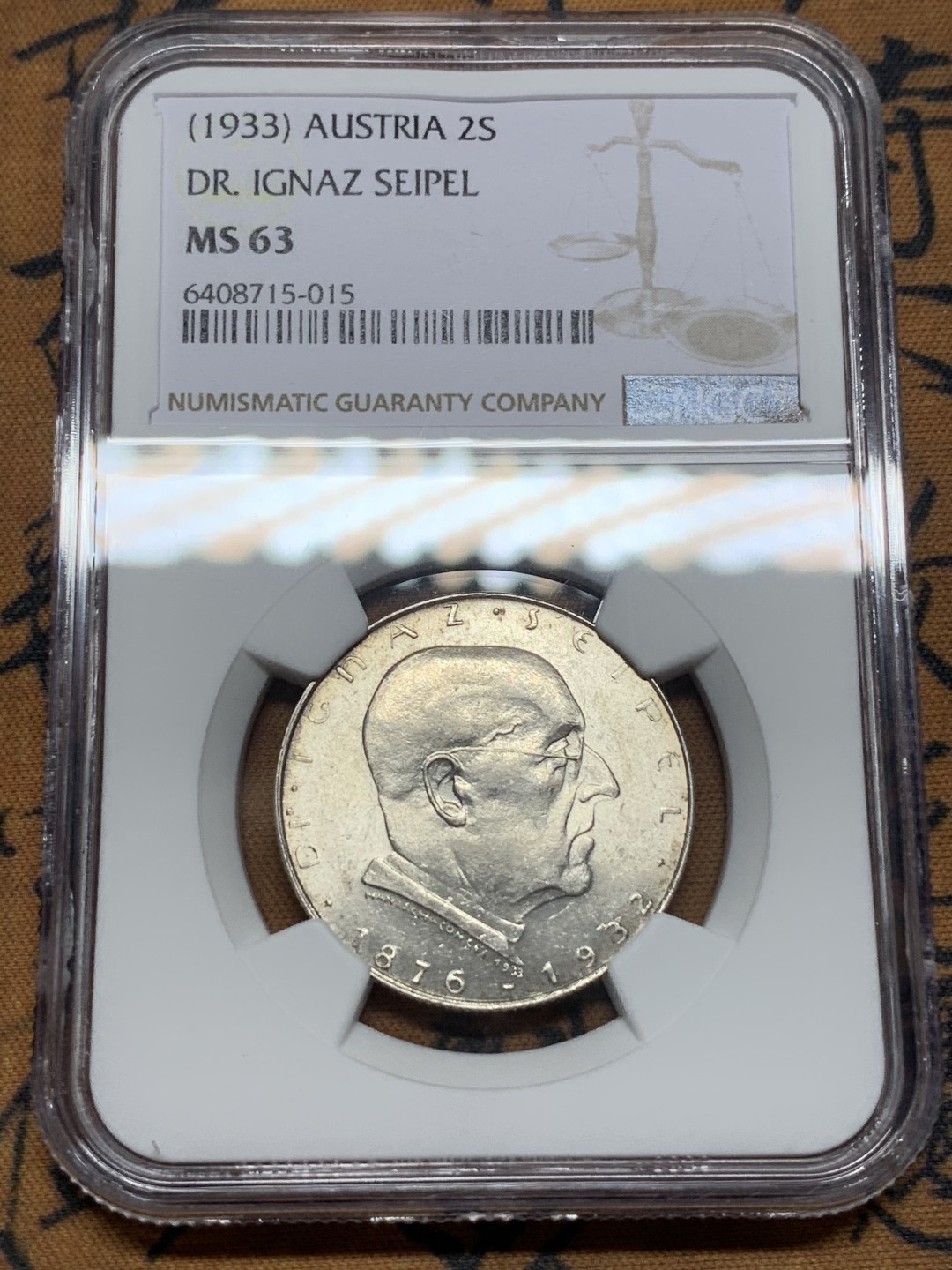 《竞宝斋》第113场-周日，周一 ，2场连拍（全场包邮） NGC-MS63 奥地利1933年 伊格纳兹·塞佩尔 2先令银币 顶级好品 少见头像