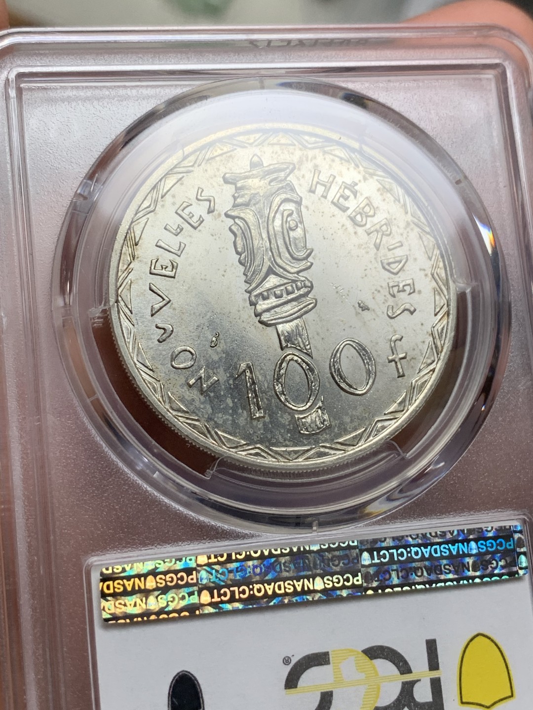 《竞宝斋》第113场-周日，周一 ，2场连拍（全场包邮） PCGS MS63 法属新赫布底里1966年100法郎银币