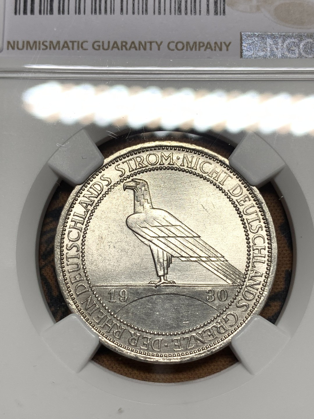 《竞宝斋》第113场-周日，周一 ，2场连拍（全场包邮） NGC-MS61 德国魏玛 1930年鹰桥 3马克银币 粉光 很舒服