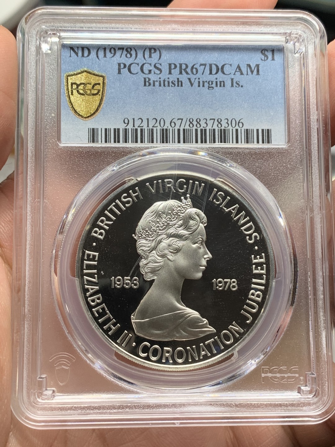 《竞宝斋》第113场-周日，周一 ，2场连拍（全场包邮） PCGS PR67DCAM 1978年英属维珍群岛 纪念伊丽莎白二世登基25周年精制1美元银币 唯一冠军分！