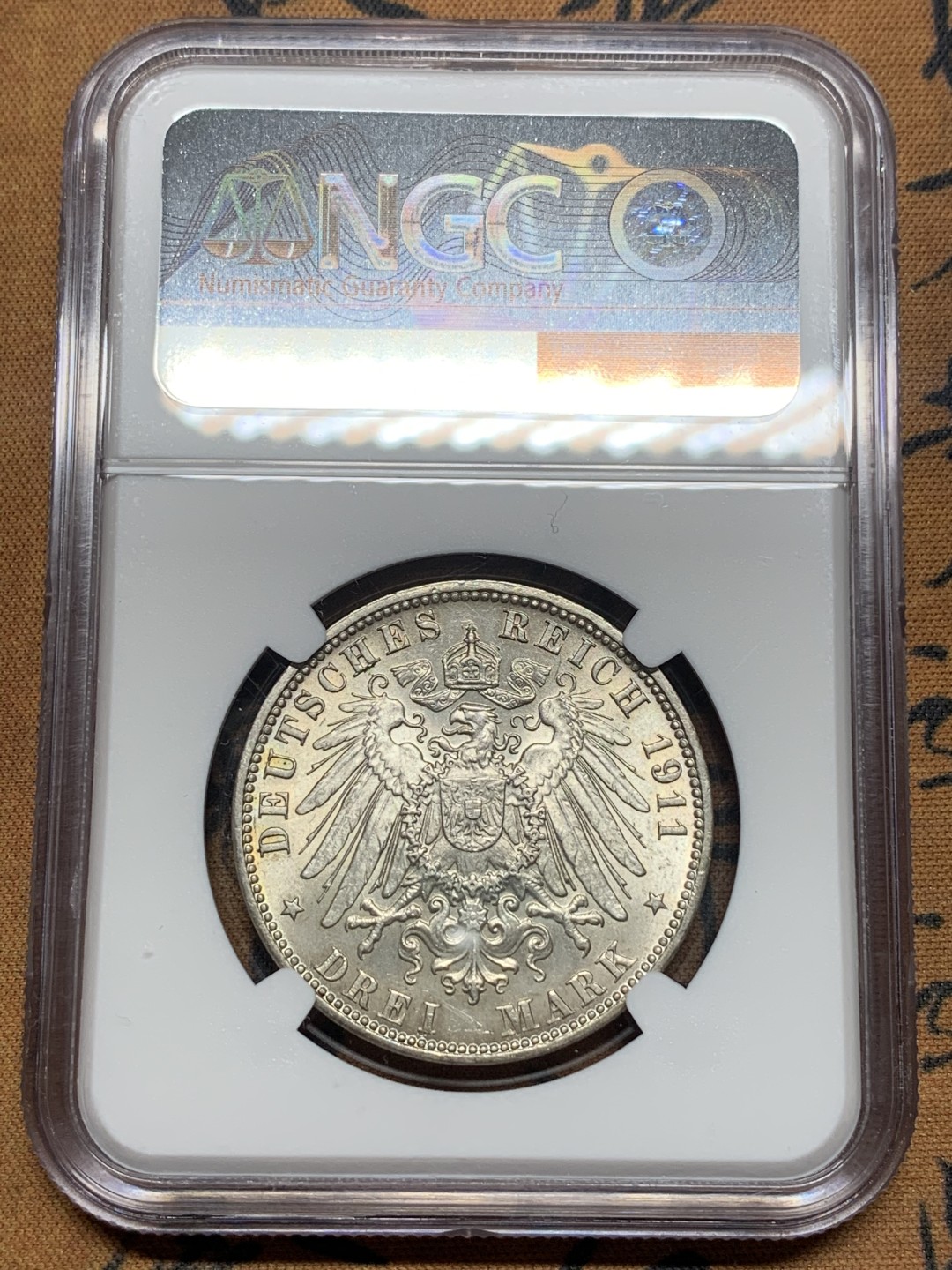 《竞宝斋》第113场-周日，周一 ，2场连拍（全场包邮） NGC-MS65 德国汉堡 1911年双狮盾牌 3马克银币 顶级高分 顶呱呱的状态