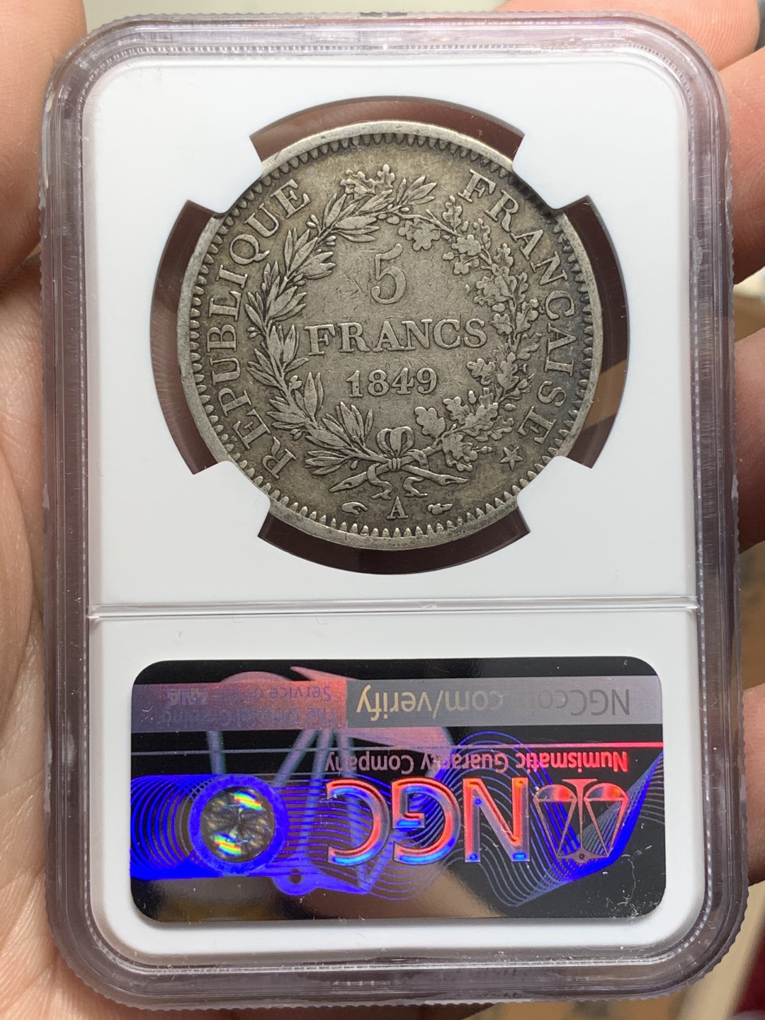 《竞宝斋》第113场-周日，周一 ，2场连拍（全场包邮） NGC-XF45 法国1849年 早期大力神 5法郎大银币 原味好品