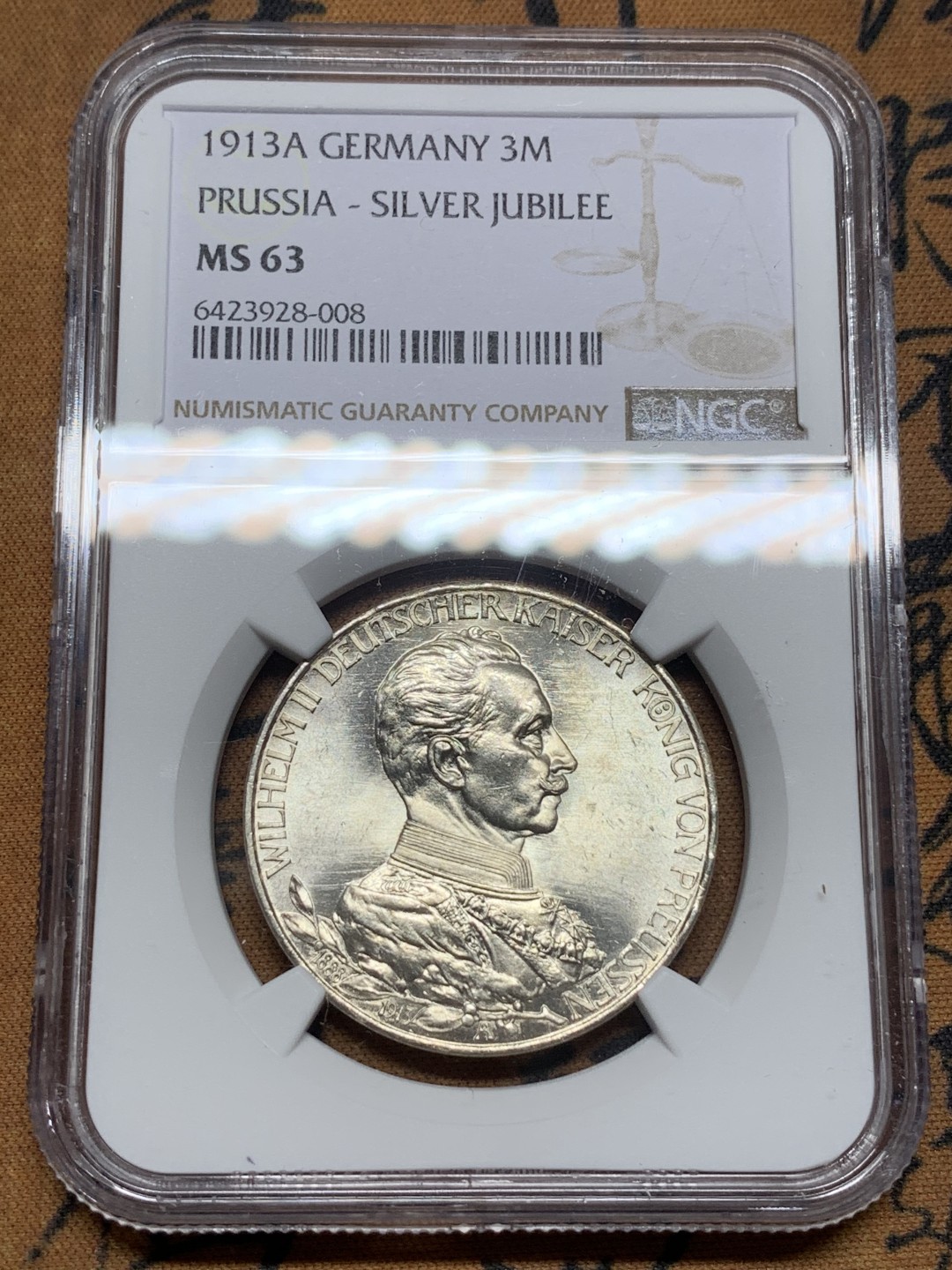 《竞宝斋》第113场-周日，周一 ，2场连拍（全场包邮） NGC-MS63 德国普鲁士 1913年 军装版威廉二世 3马克银币 原光好品 一流的状态