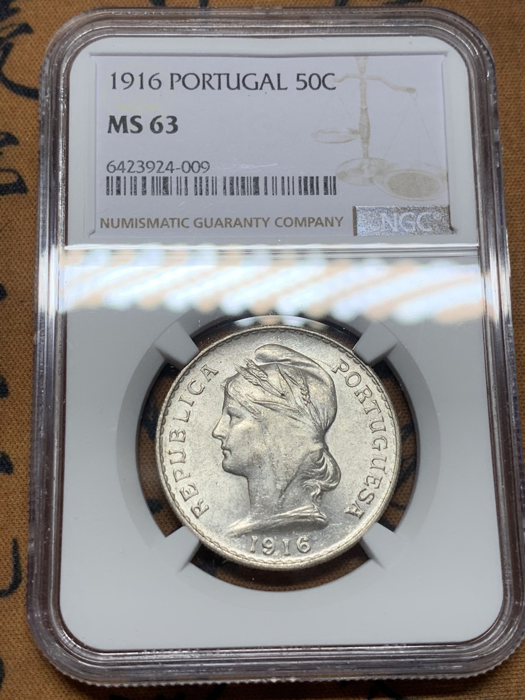 《竞宝斋》第113场-周日，周一 ，2场连拍（全场包邮） NGC-MS63 葡萄牙1916年 自由女神头像 50分银币 原光好品