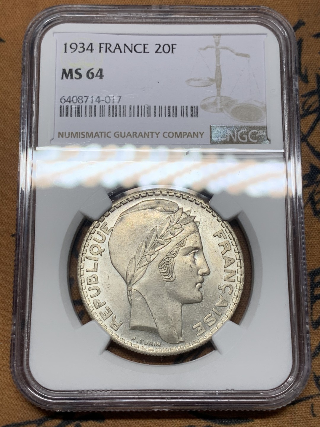 《竞宝斋》第113场-周日，周一 ，2场连拍（全场包邮） NGC-MS64 法国1934年 谷物女神20法郎 大银币 粉光顶级状态 非常难得