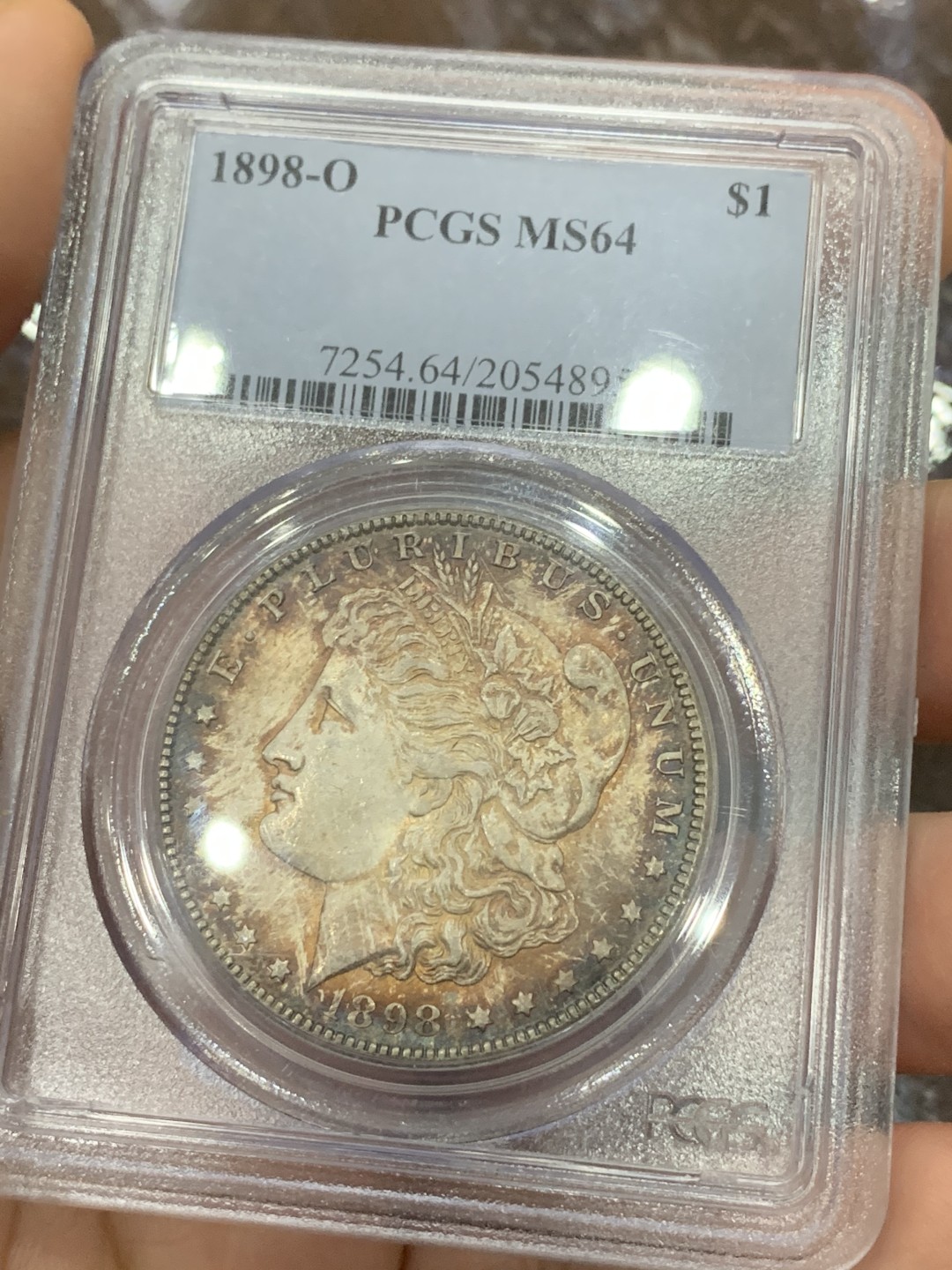 《竞宝斋》第113场-周日，周一 ，2场连拍（全场包邮） PCGS MS64 美国 1898年O版 摩根银元 深五彩包浆 很是漂亮