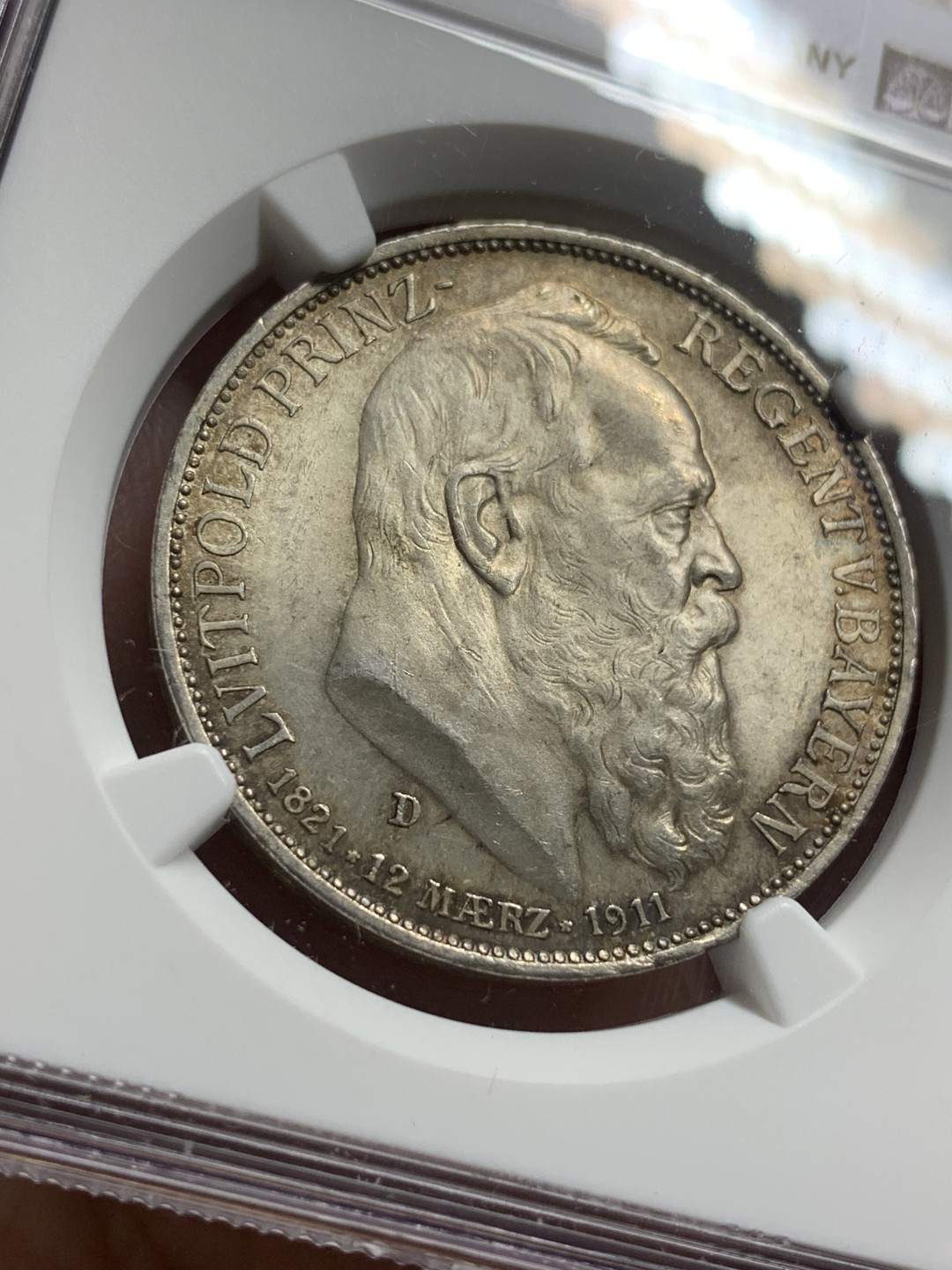 《竞宝斋》第113场-周日，周一 ，2场连拍（全场包邮） NGC-MS64 德国巴伐利亚 1911年 九十周年生日纪念 3马克大银币 欧洲包浆 顶级状态