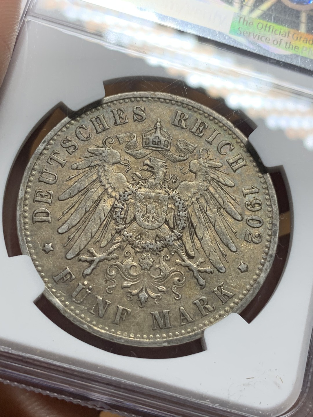 《竞宝斋》第113场-周日，周一 ，2场连拍（全场包邮） NGC-AU50 德国普鲁士 1902年 威廉二世 5马克大银币 原味好品 出分难