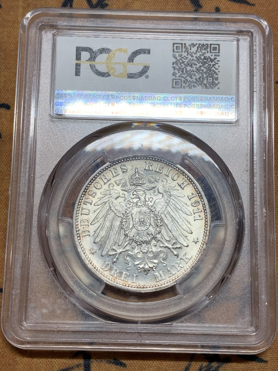 《竞宝斋》第113场-周日，周一 ，2场连拍（全场包邮） PCGS-MS65 德国 1911年符腾堡银婚纪念3马克银币 高分好状态