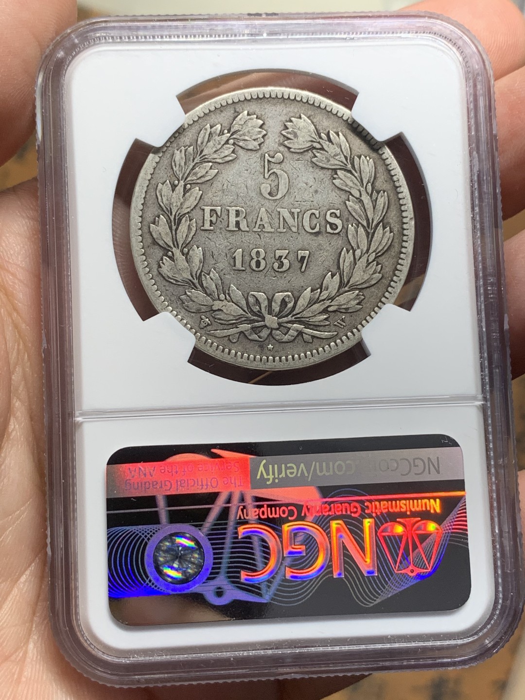 《竞宝斋》第113场-周日，周一 ，2场连拍（全场包邮） NGC-VF35 法国1837-W年 菲利普一世 5法郎大银币 原味老包浆