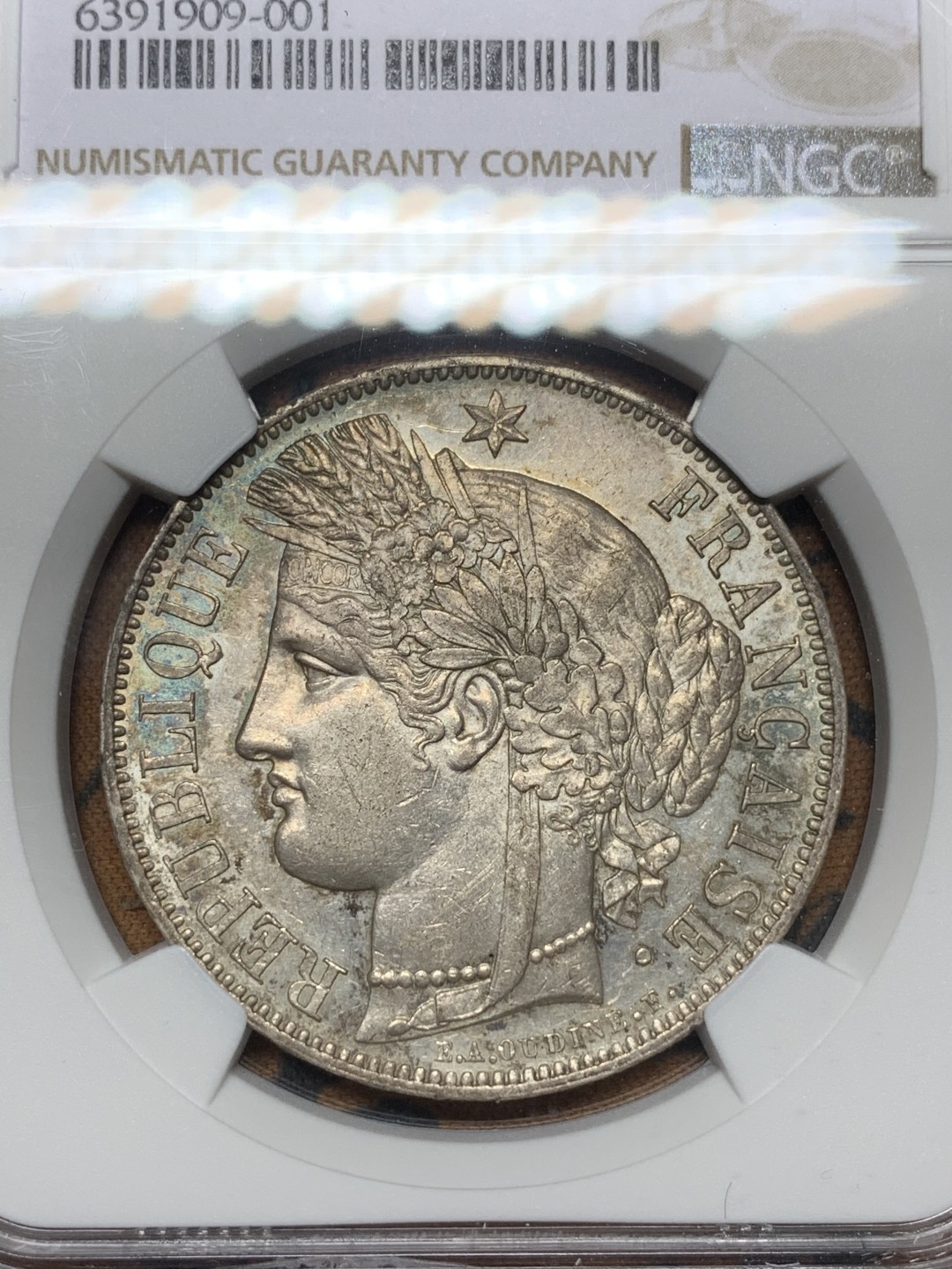 《竞宝斋》第113场-周日，周一 ，2场连拍（全场包邮） NGC AU55 法国 1850年 谷物女神 5法郎 银币 金绿色包浆 状态好