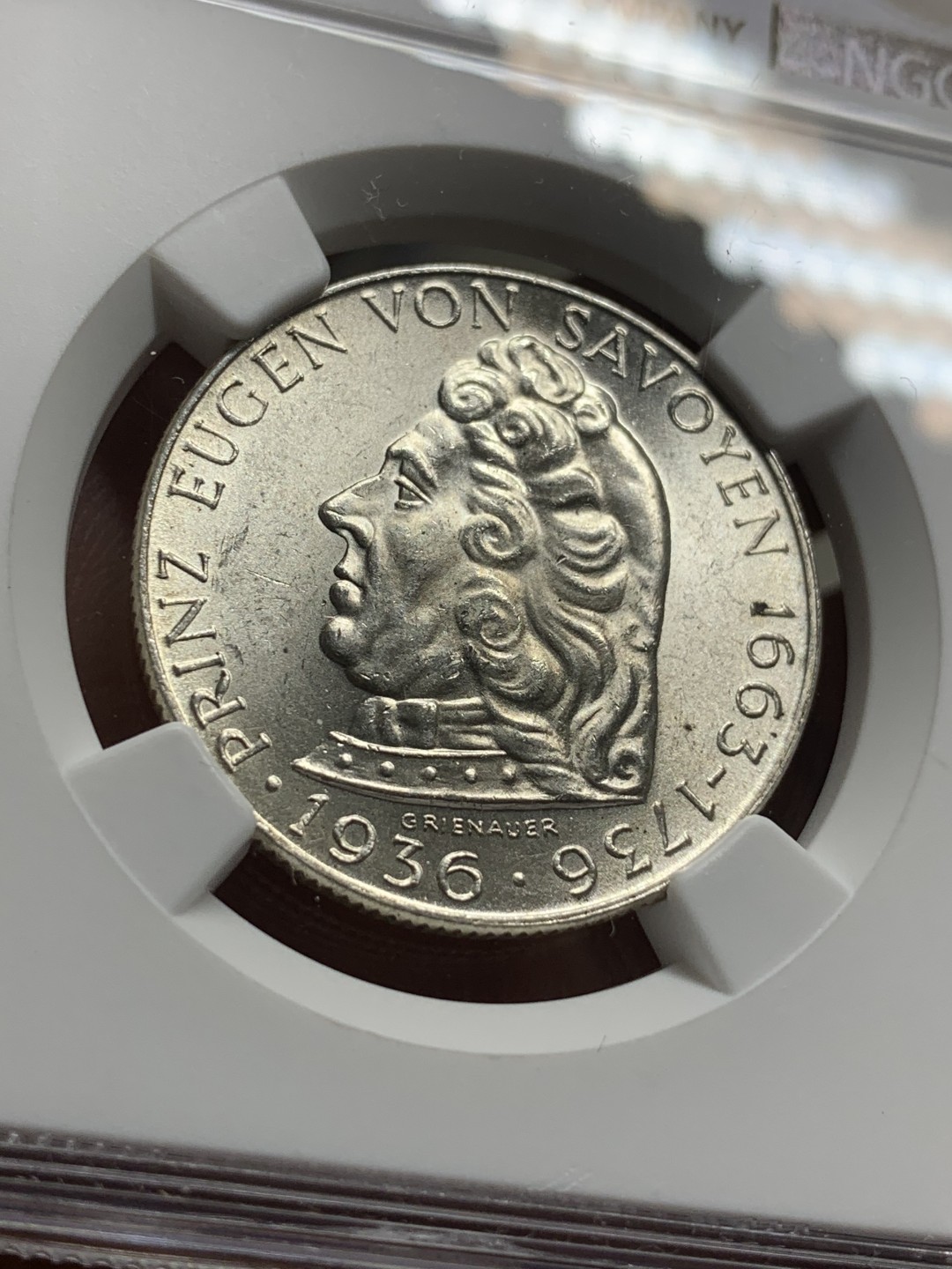 《竞宝斋》第113场-周日，周一 ，2场连拍（全场包邮） NGC-MS64 奥地利1936年 欧根亲王 2先令银币 顶级品相