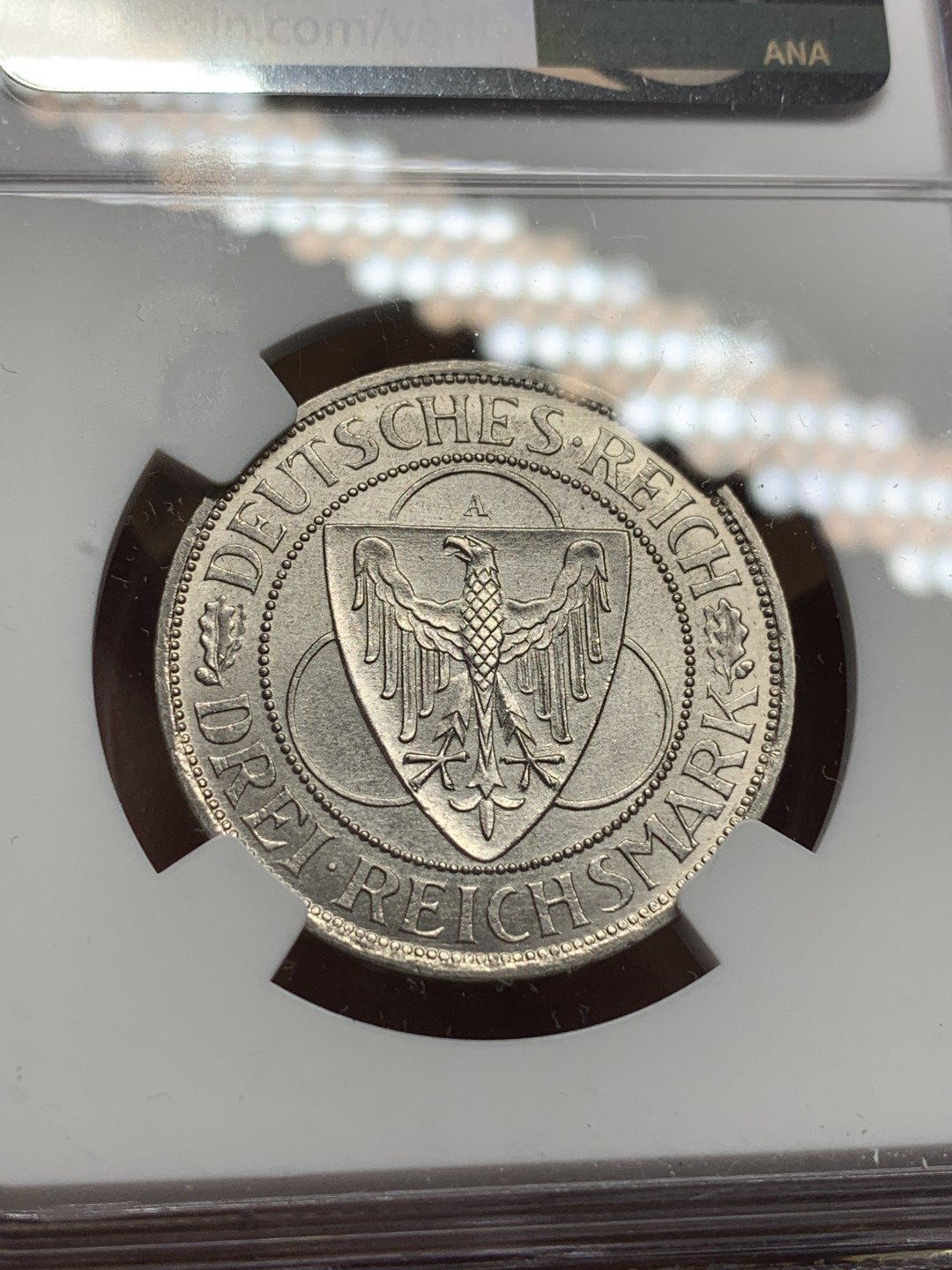 《竞宝斋》第113场-周日，周一 ，2场连拍（全场包邮） NGC-MS61 德国魏玛 1930年鹰桥 3马克银币 粉光 很舒服