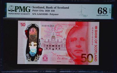 《家喻户晓》世界靓号纸钞第五期 - 2020年苏格兰银行50镑 无347尾66 首发AA冠超高分PMG68
